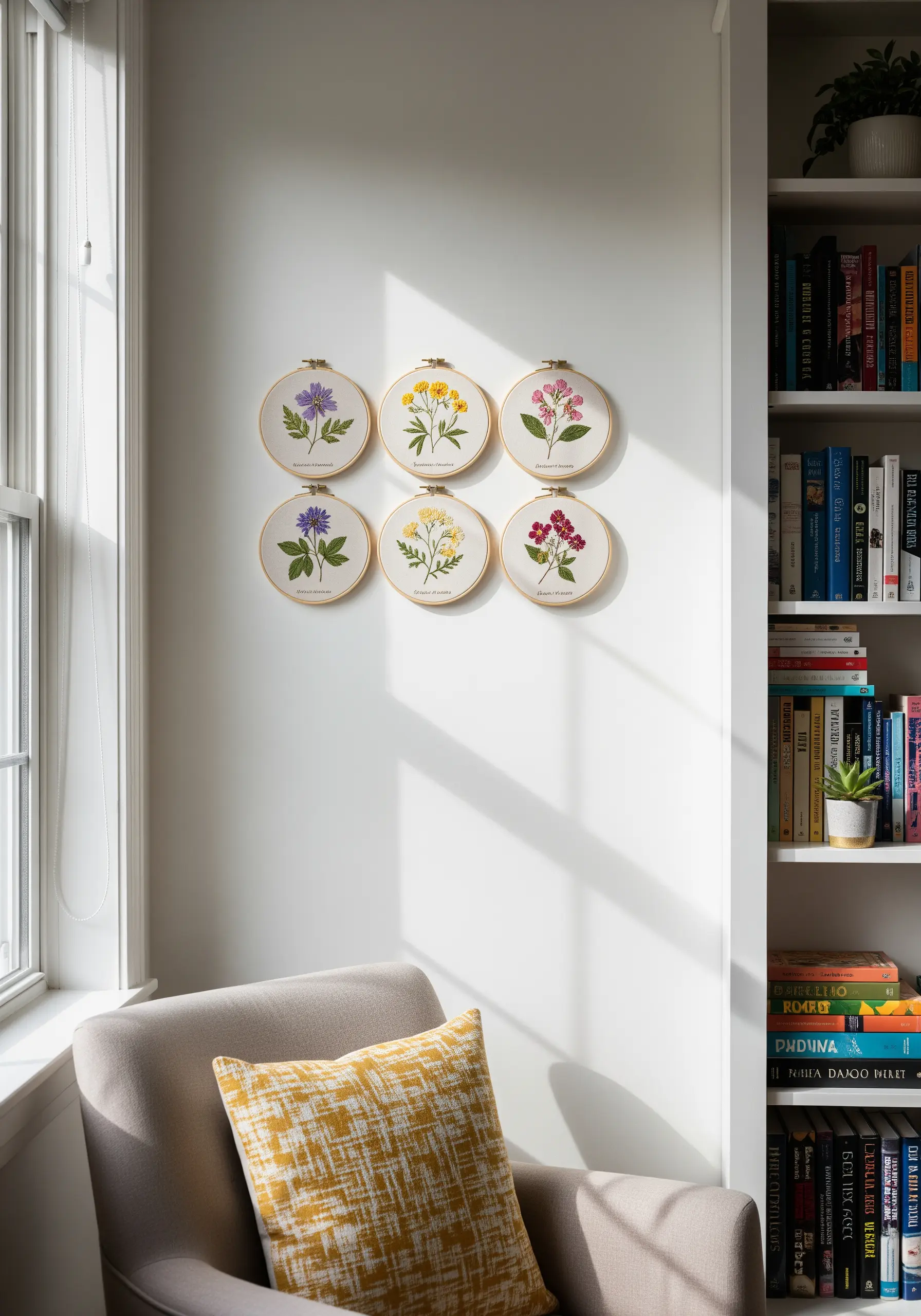 Six embroidery hoops arranged in a grid, each featuring a different botanical flower illustration.