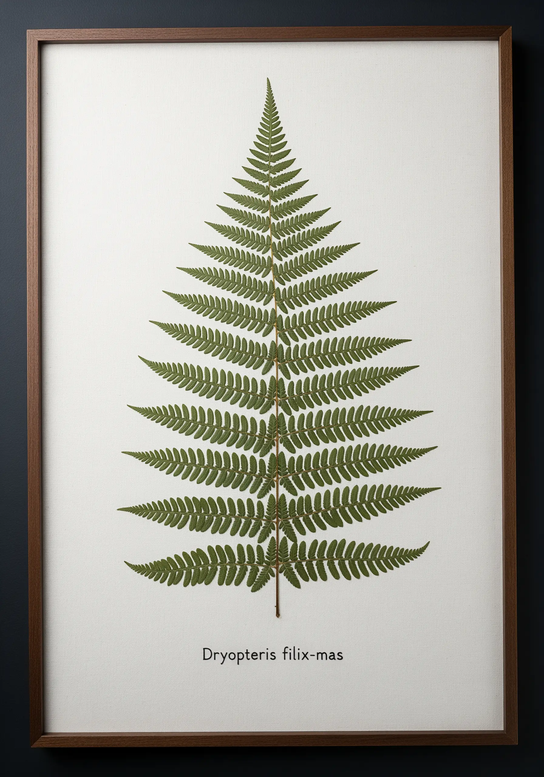 A large, perfectly preserved fern frond framed with a stitched Latin name label below it.