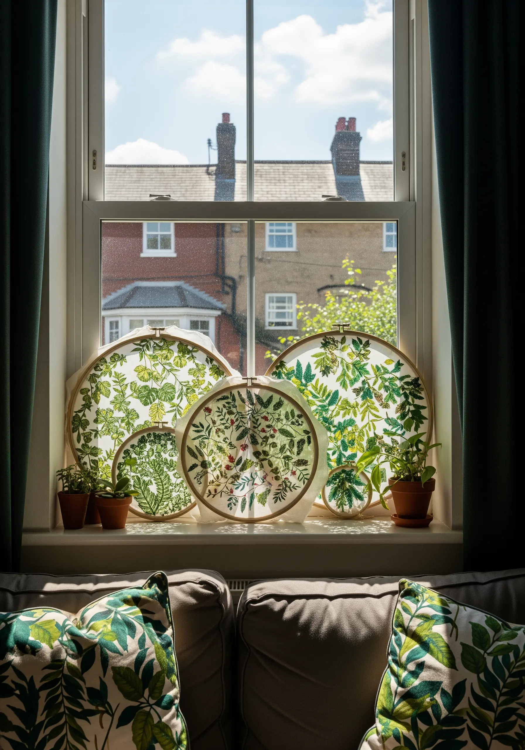 A collection of botanical embroidery hoops on sheer fabric acting as suncatchers.
