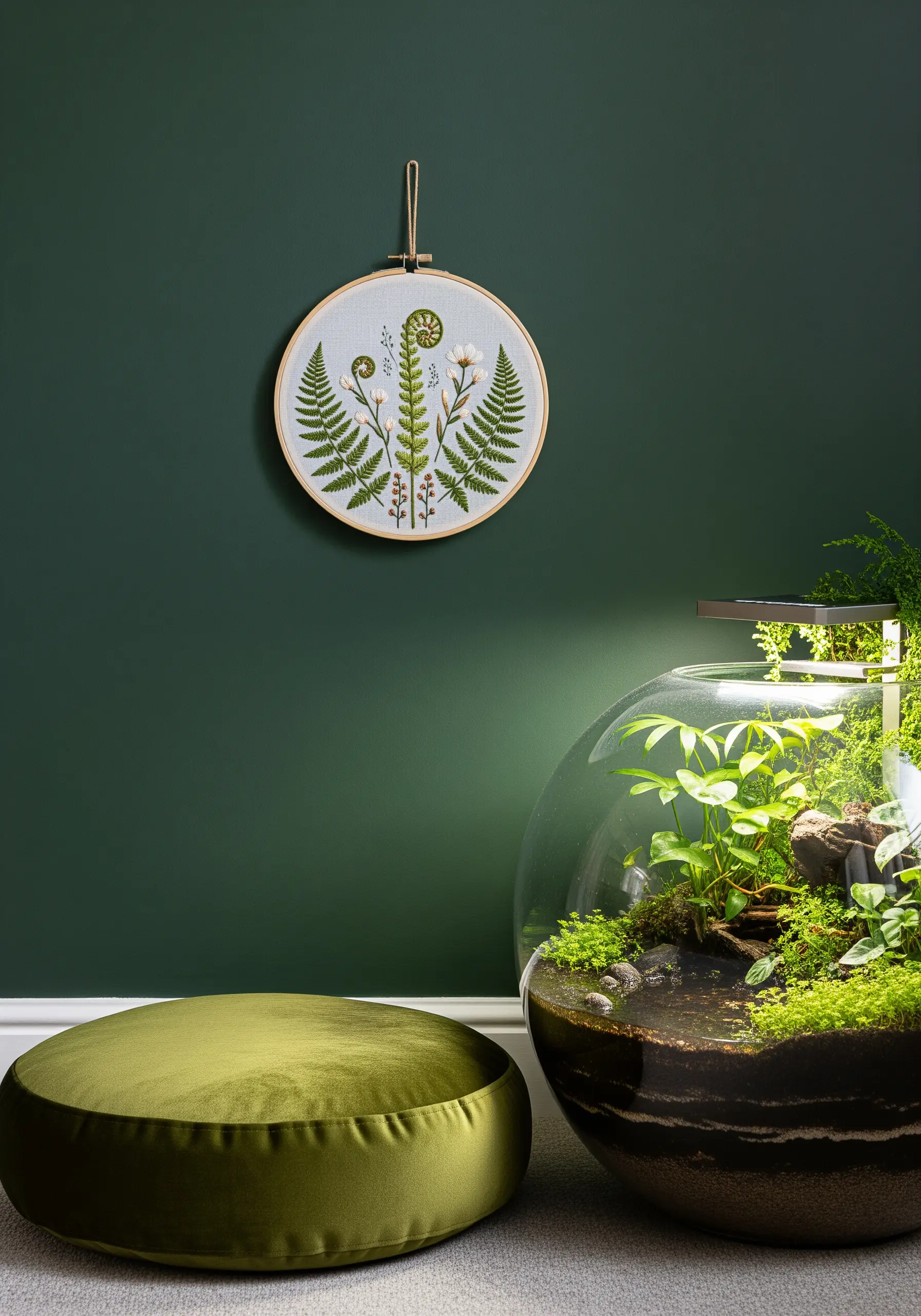 An embroidered hoop with a circular arrangement of ferns and white flowers.