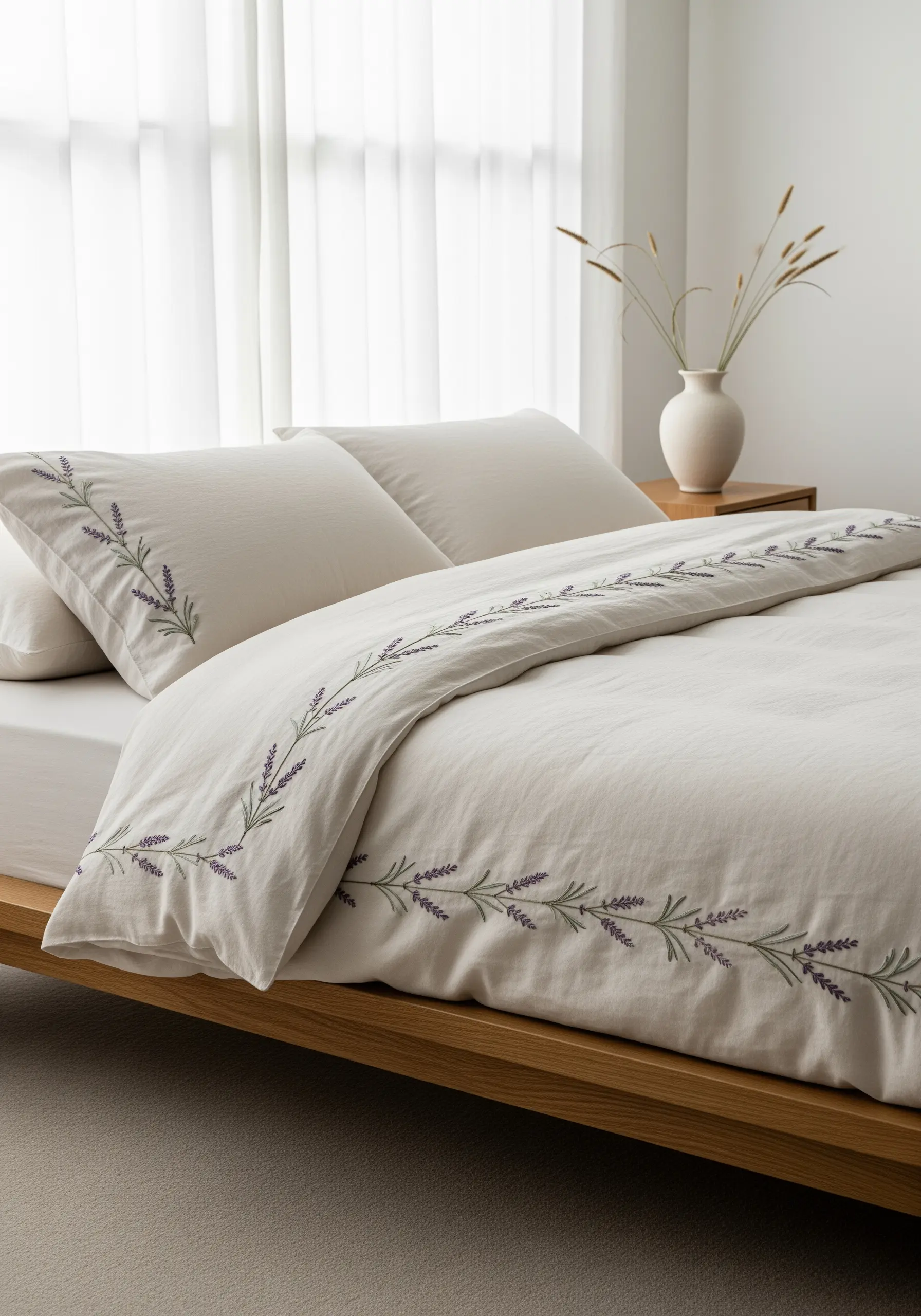 Lavender sprigs embroidered along the border of a cream duvet cover.