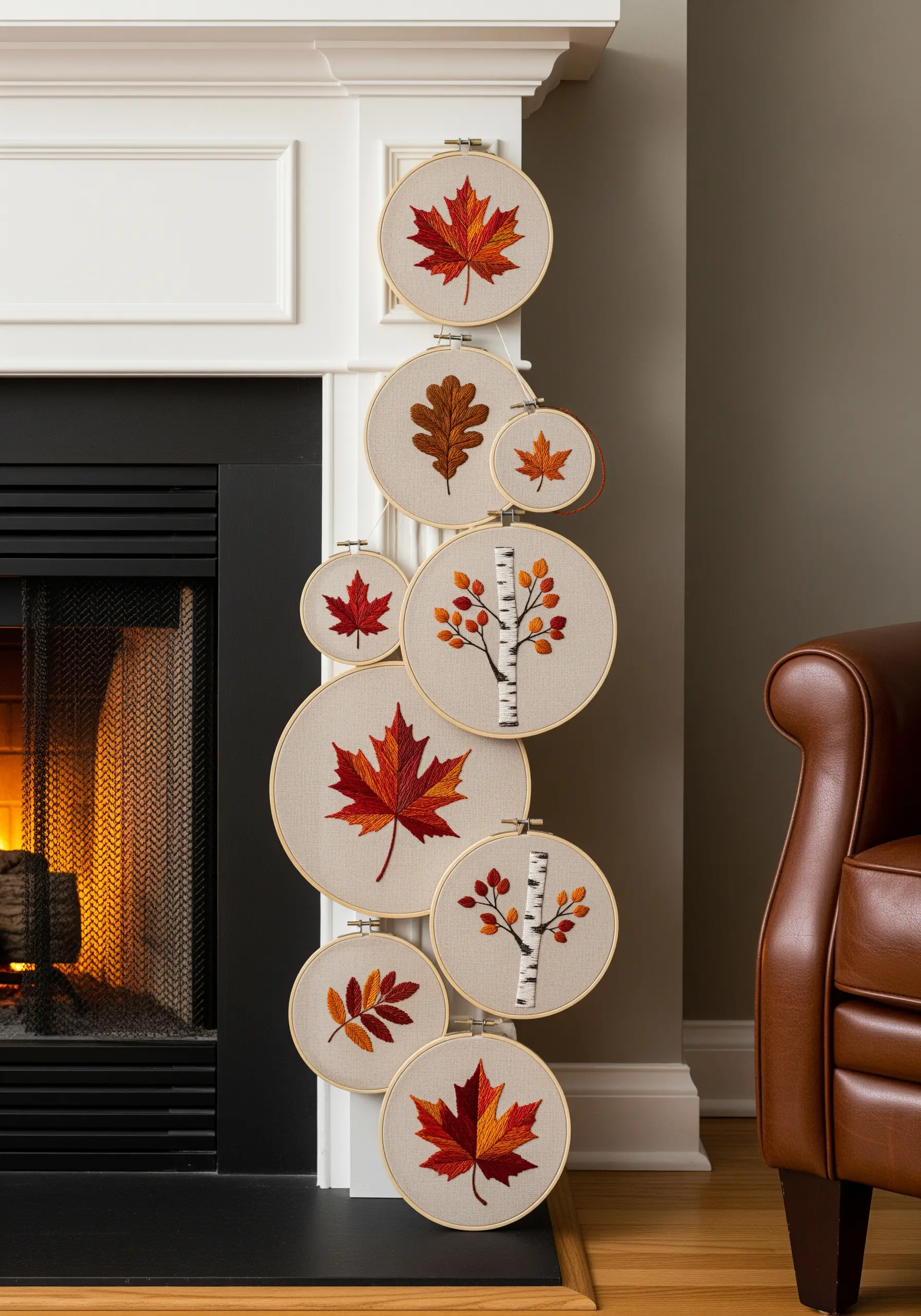 A vertical cascade of embroidery hoops with various autumn leaf and birch branch designs.