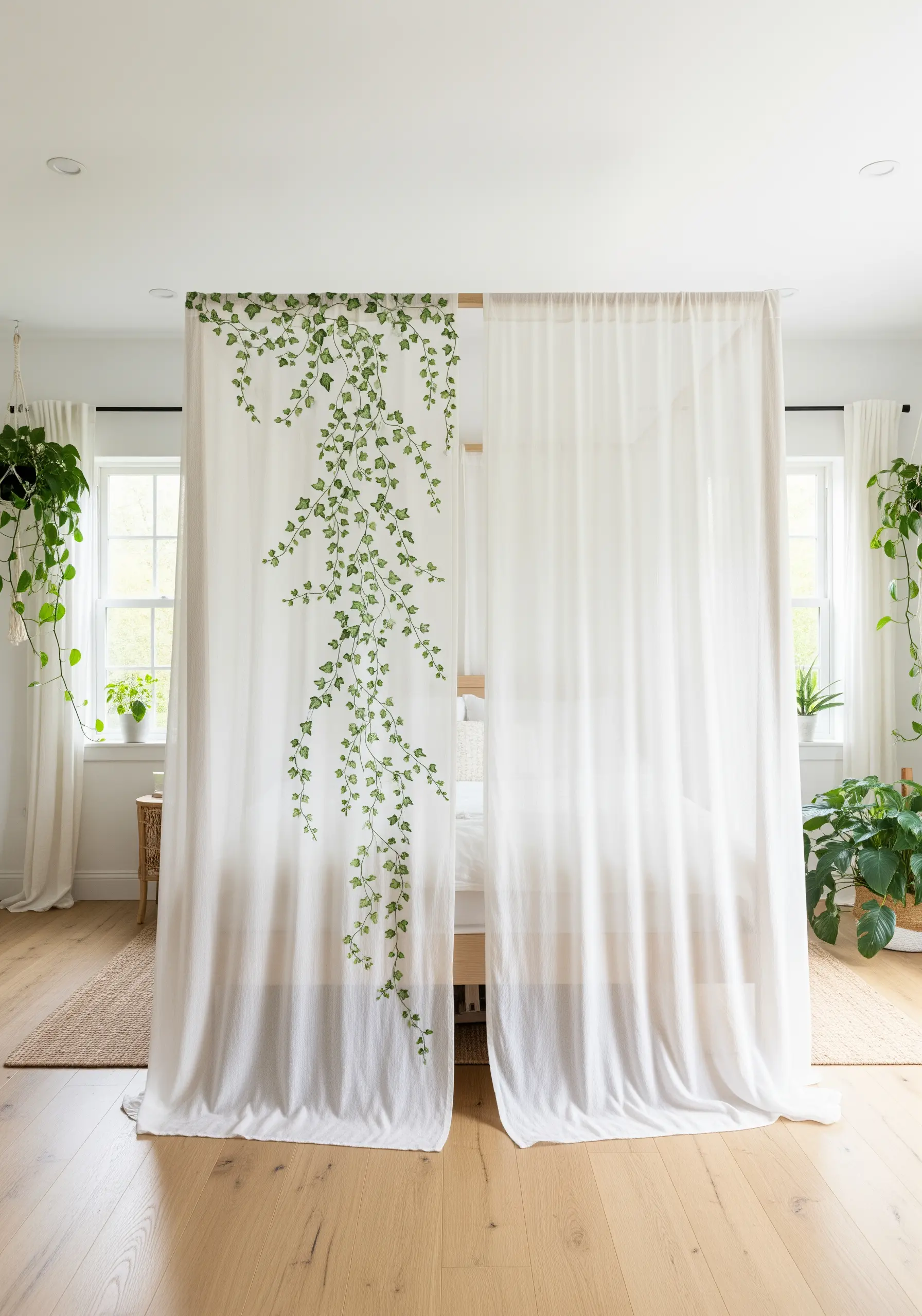 Sheer white curtain used as a room divider with a cascade of green ivy embroidered down one side.