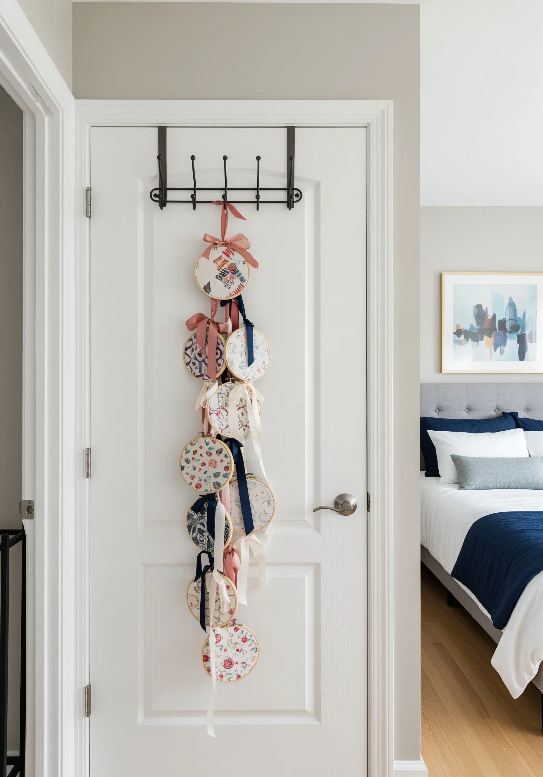 Embroidery hoops tied with colorful ribbons cascading from an over-the-door hook rack.