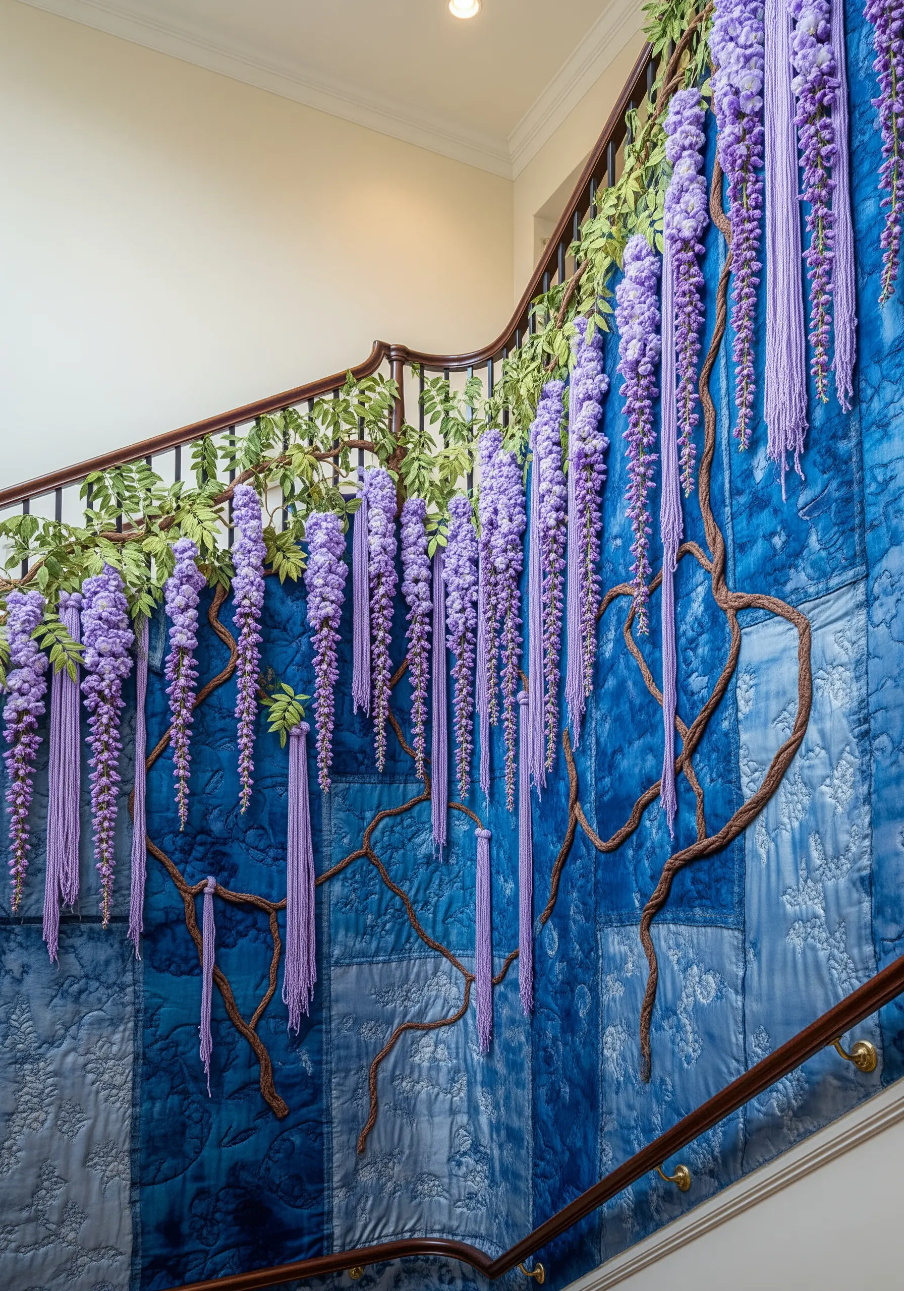 Large-scale wisteria fiber art installation cascading down a staircase wall.