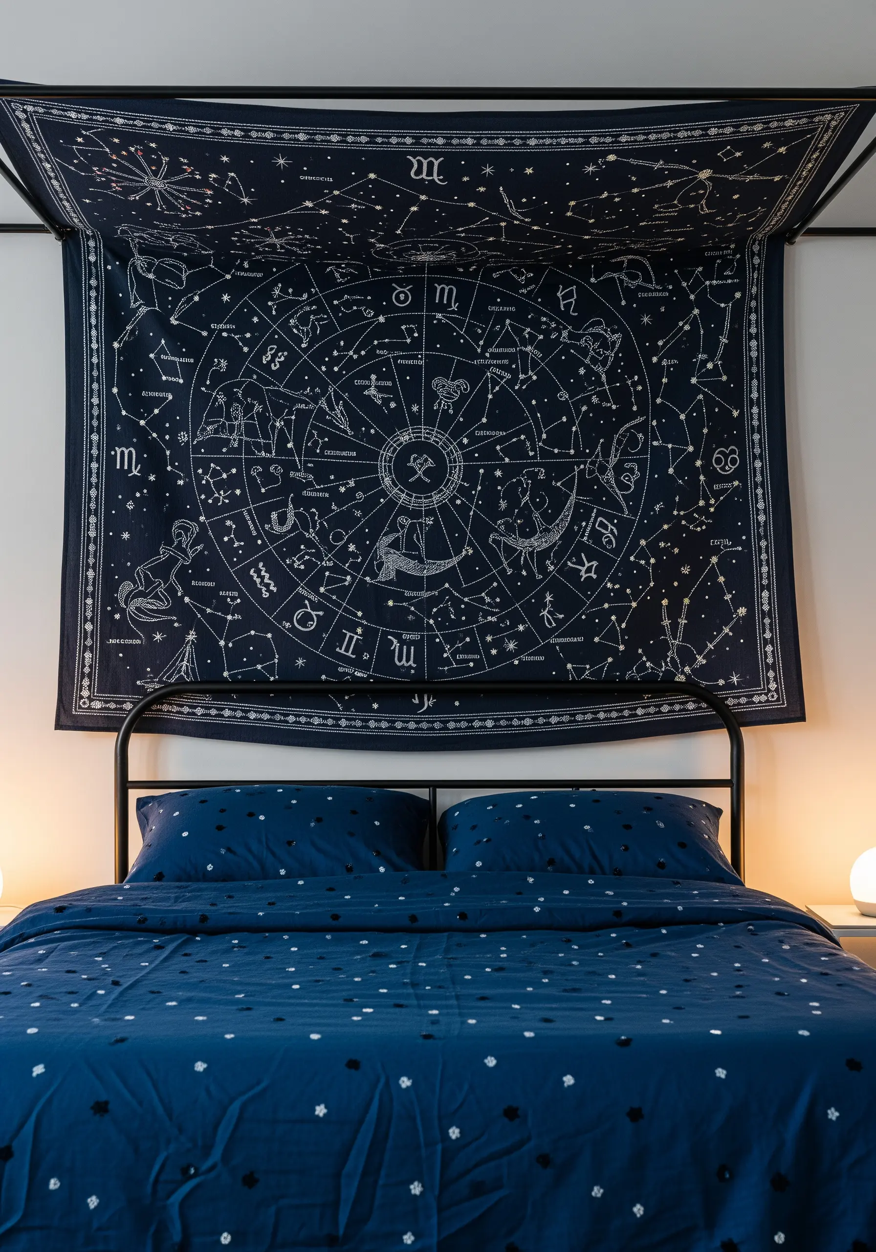 A large navy blue tapestry embroidered with a white thread zodiac and constellation map.