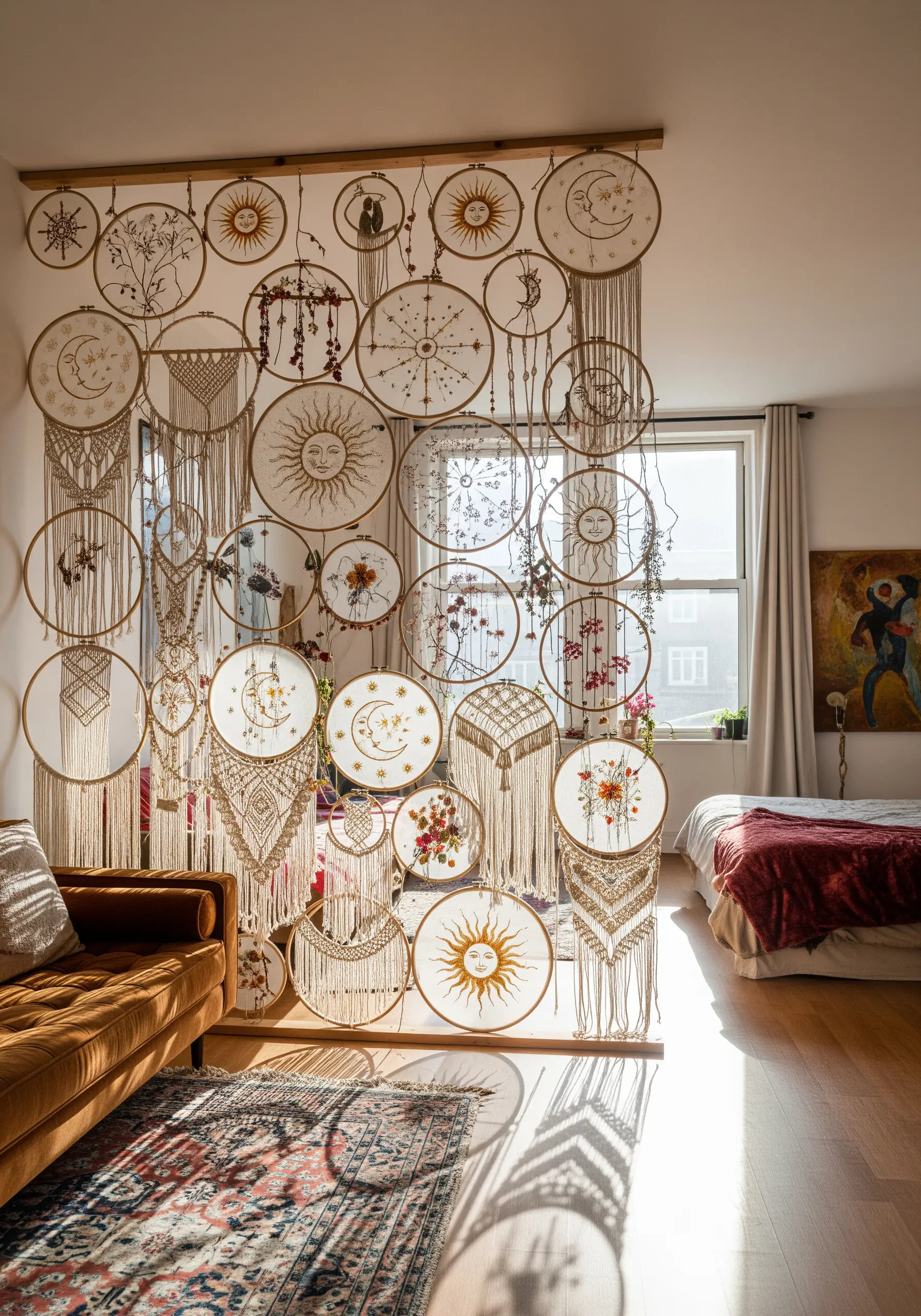 Embroidered sun and moon motifs with macrame tassels in a multi-hoop room divider.