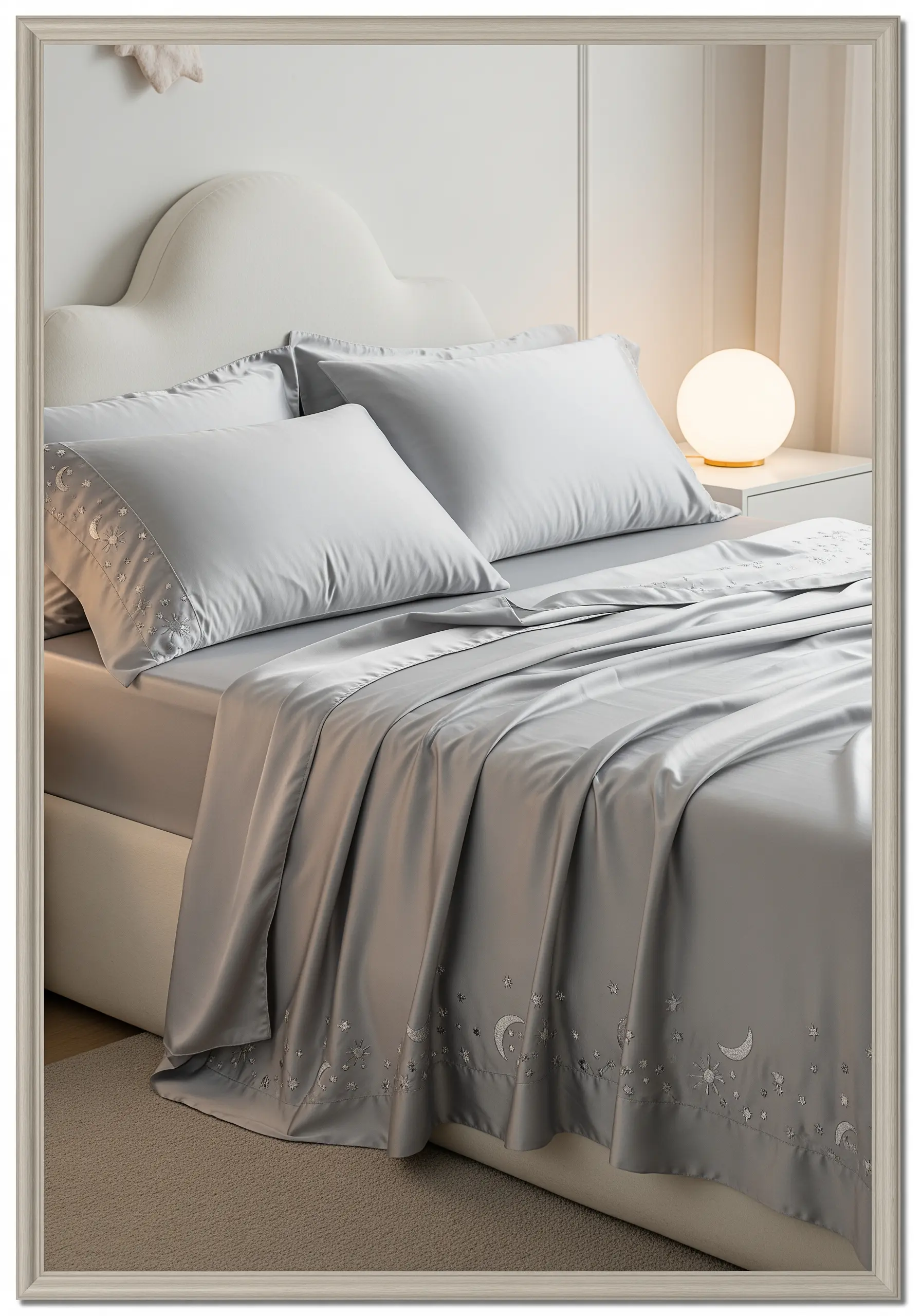A celestial border of moons and stars embroidered in silver on grey sateen sheets.
