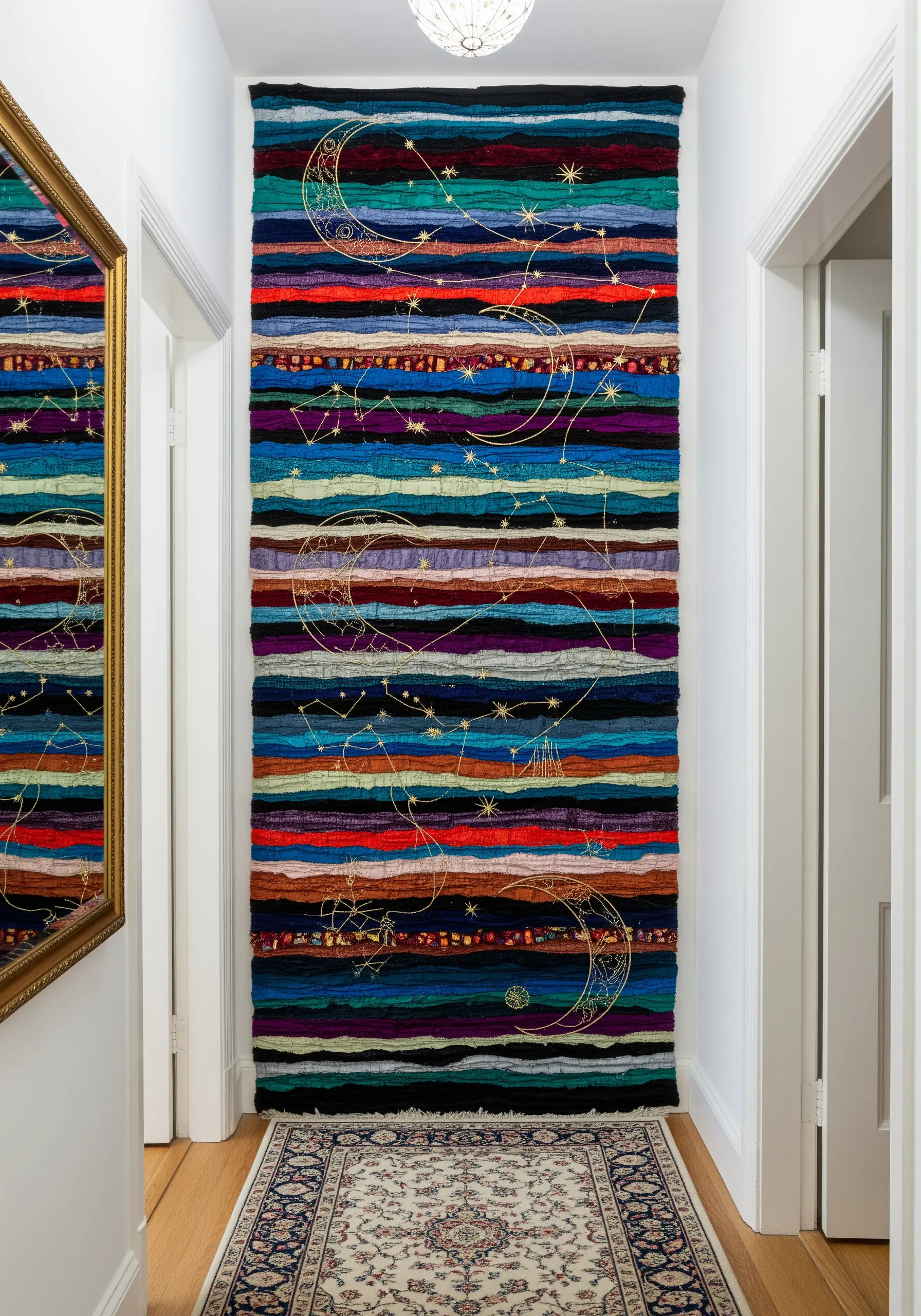 A colorful woven wall hanging with delicate gold thread embroidery of constellations.