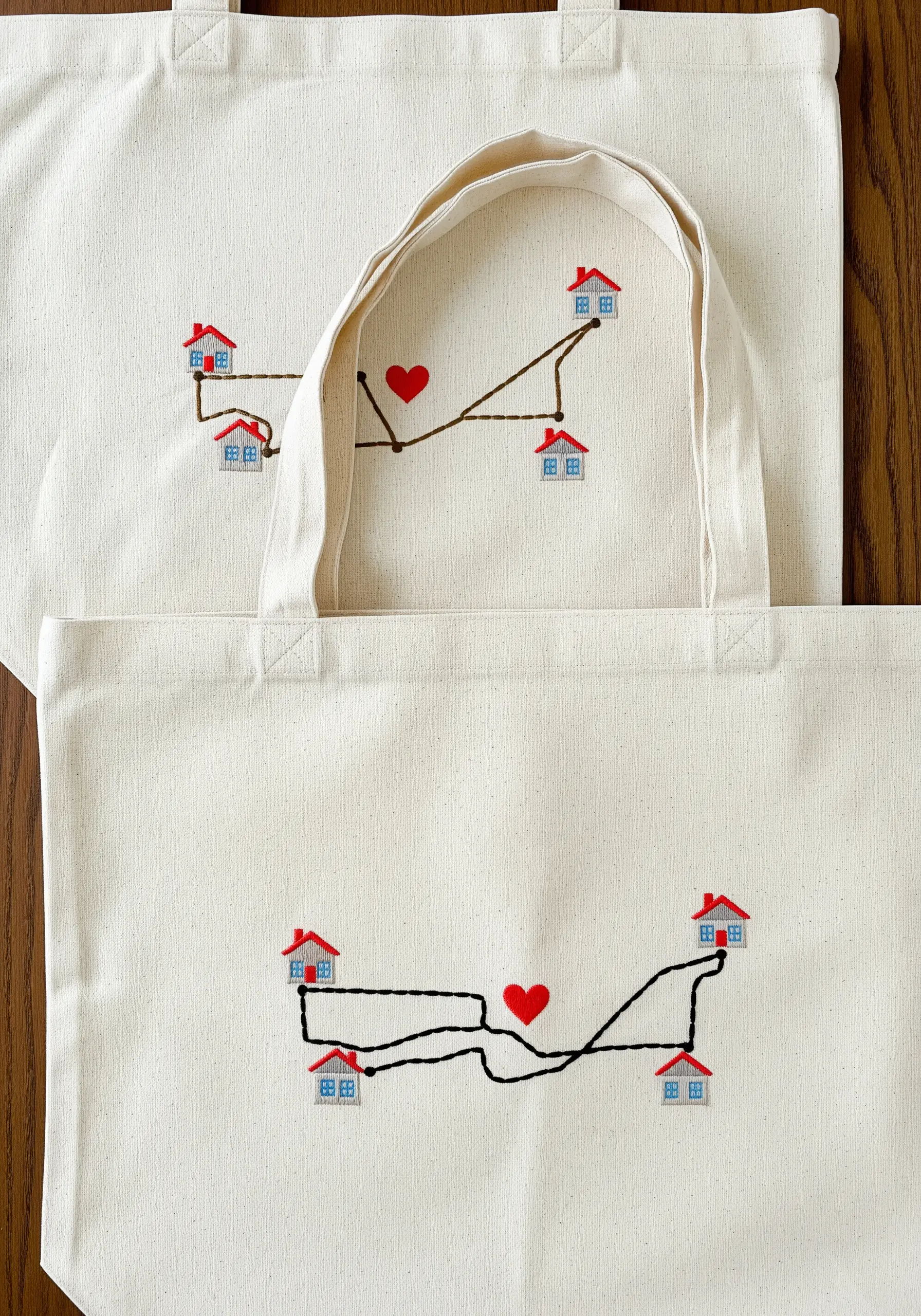 Canvas tote bags with a simple embroidered map connecting several houses with a heart.