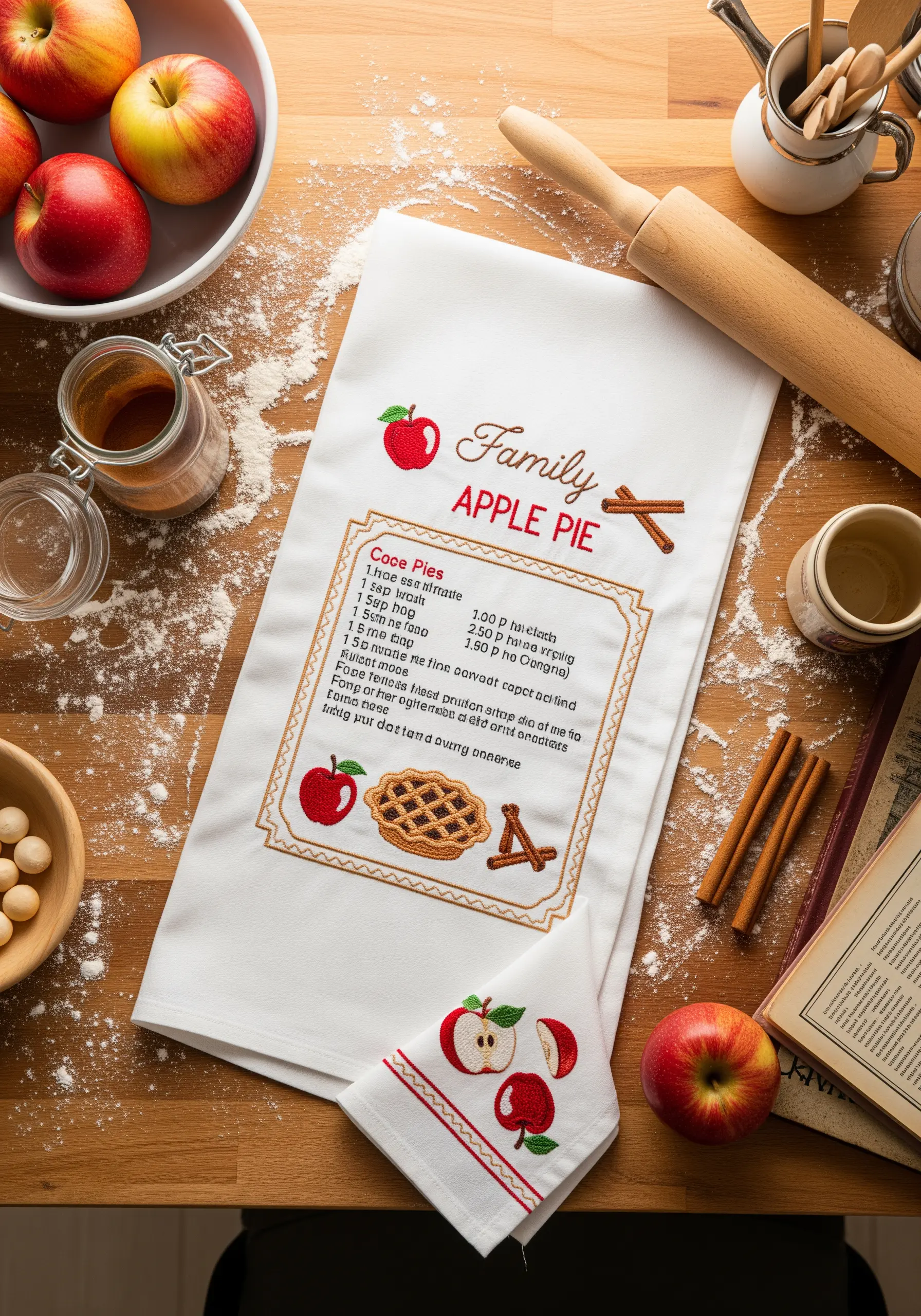 A kitchen towel embroidered with a family apple pie recipe and small apple illustrations.