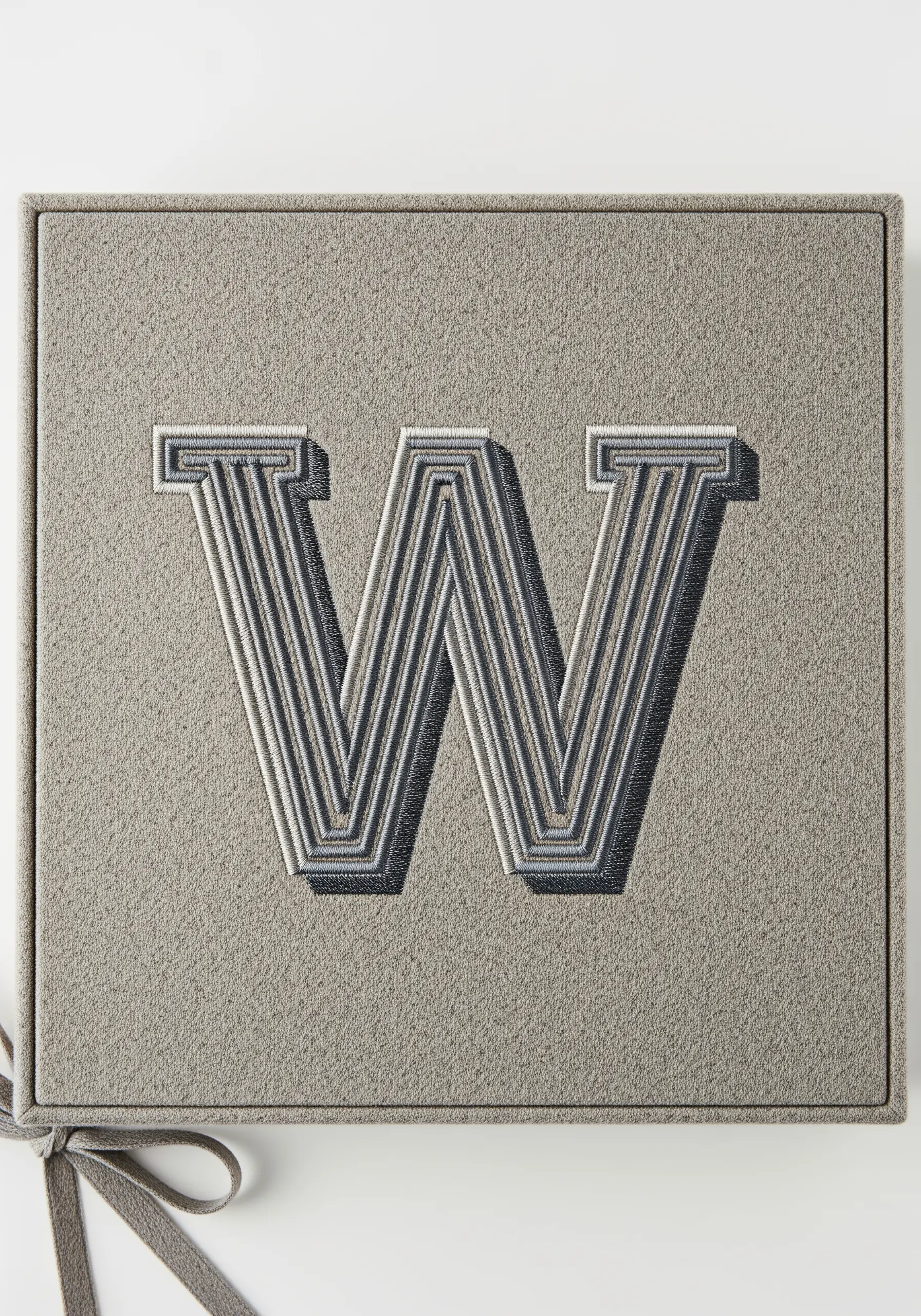 Architectural 'W' monogram with a 3D shadow effect using shades of grey thread.