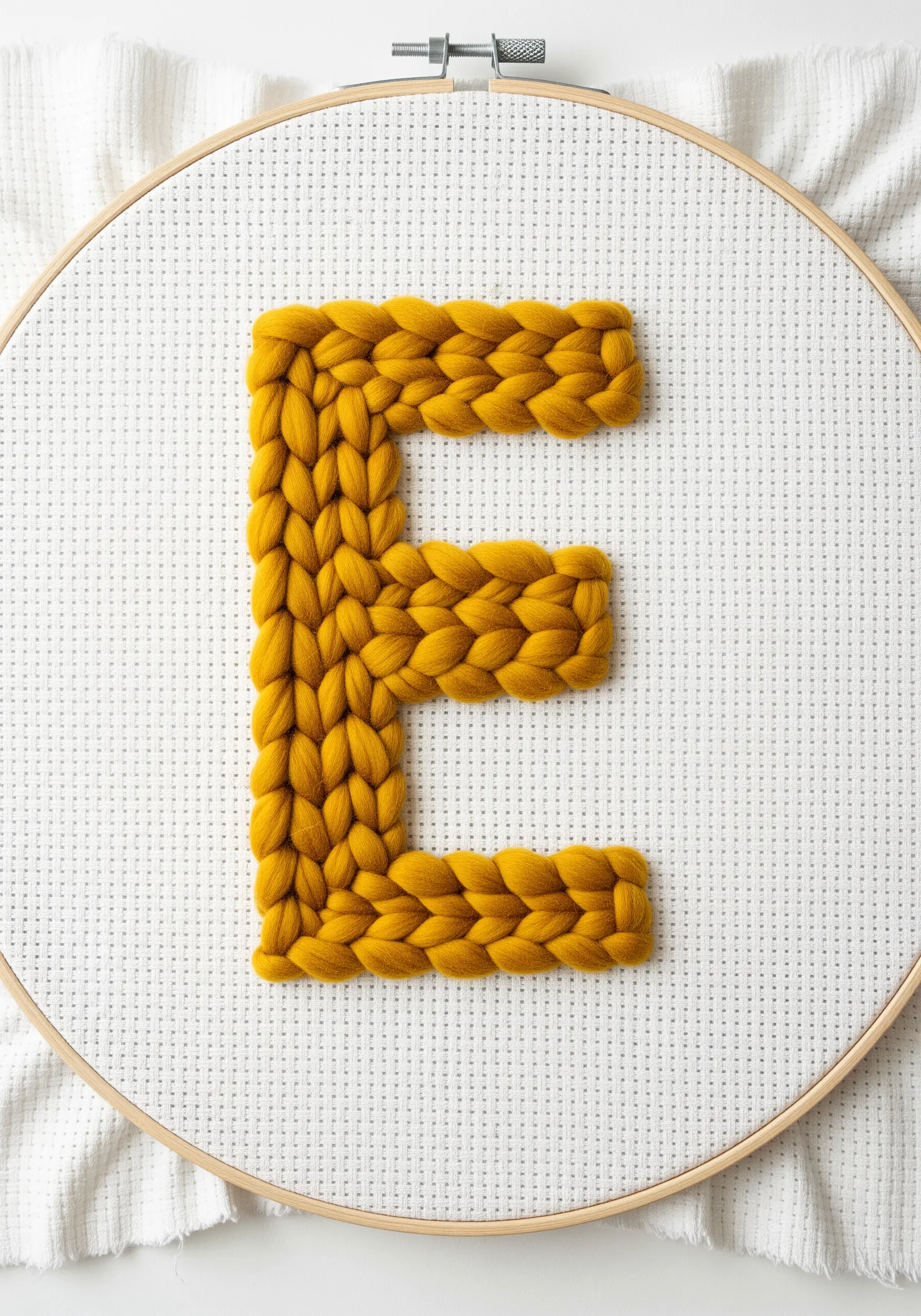 Chunky yellow braided yarn stitched into the shape of an 'E' on Aida cloth.