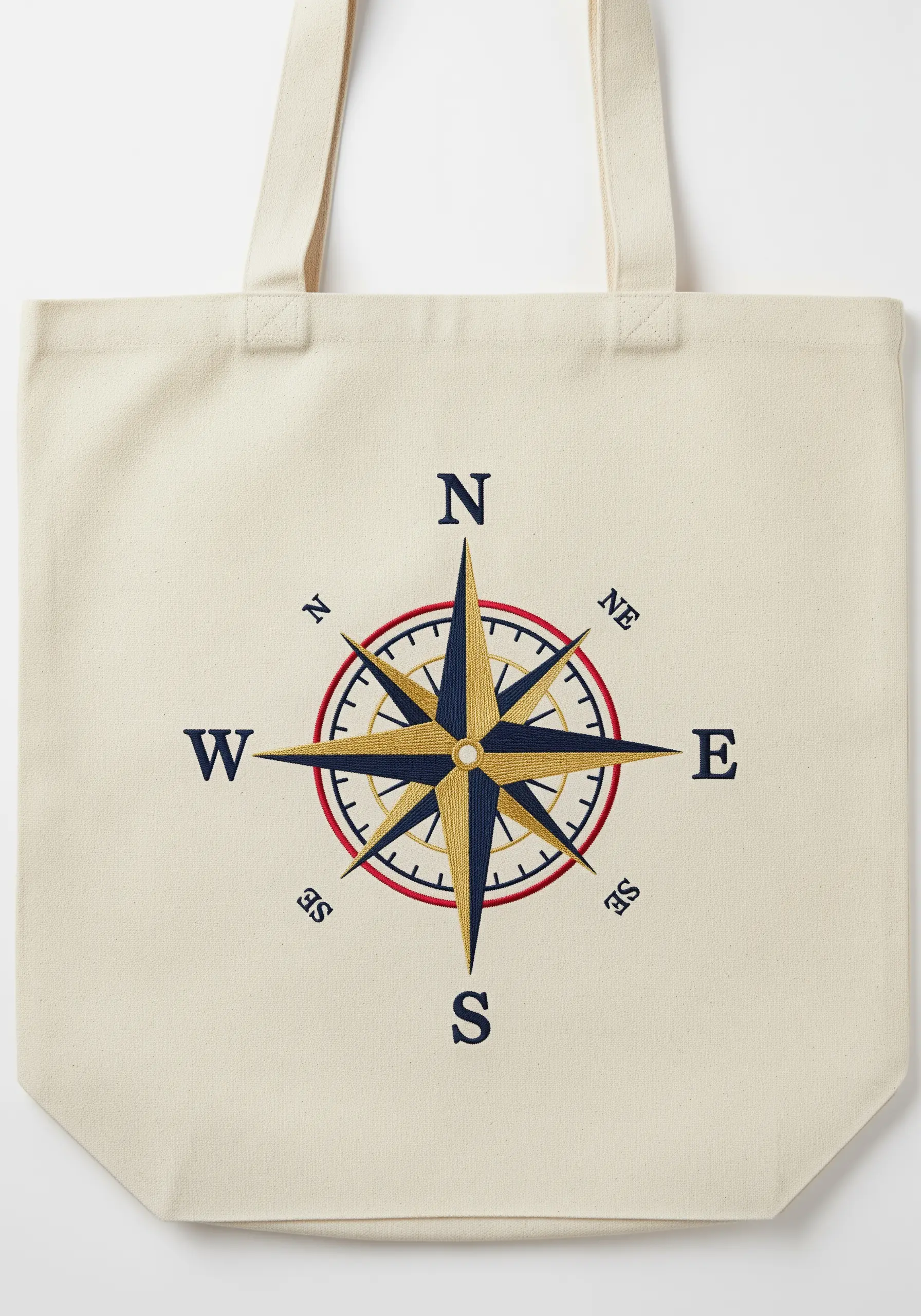 A precisely embroidered compass rose in navy, gold, and red on a cream canvas tote bag.