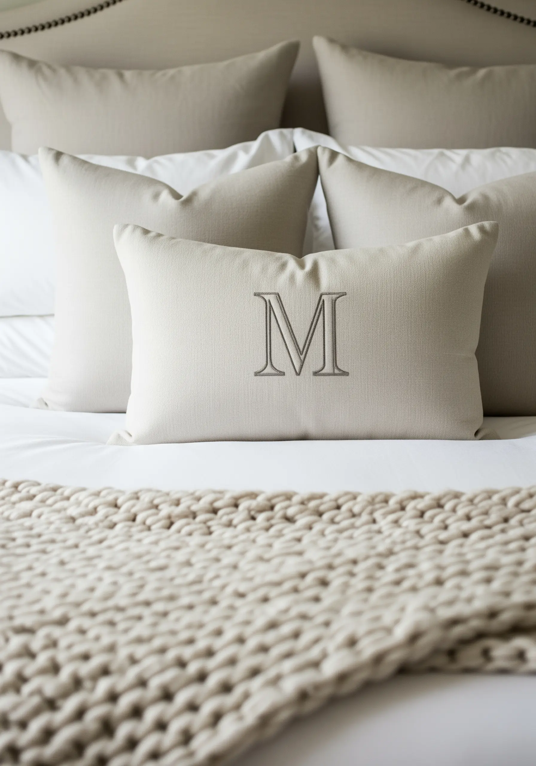 A classic serif letter 'M' embroidered on a lumbar pillow for a bed.
