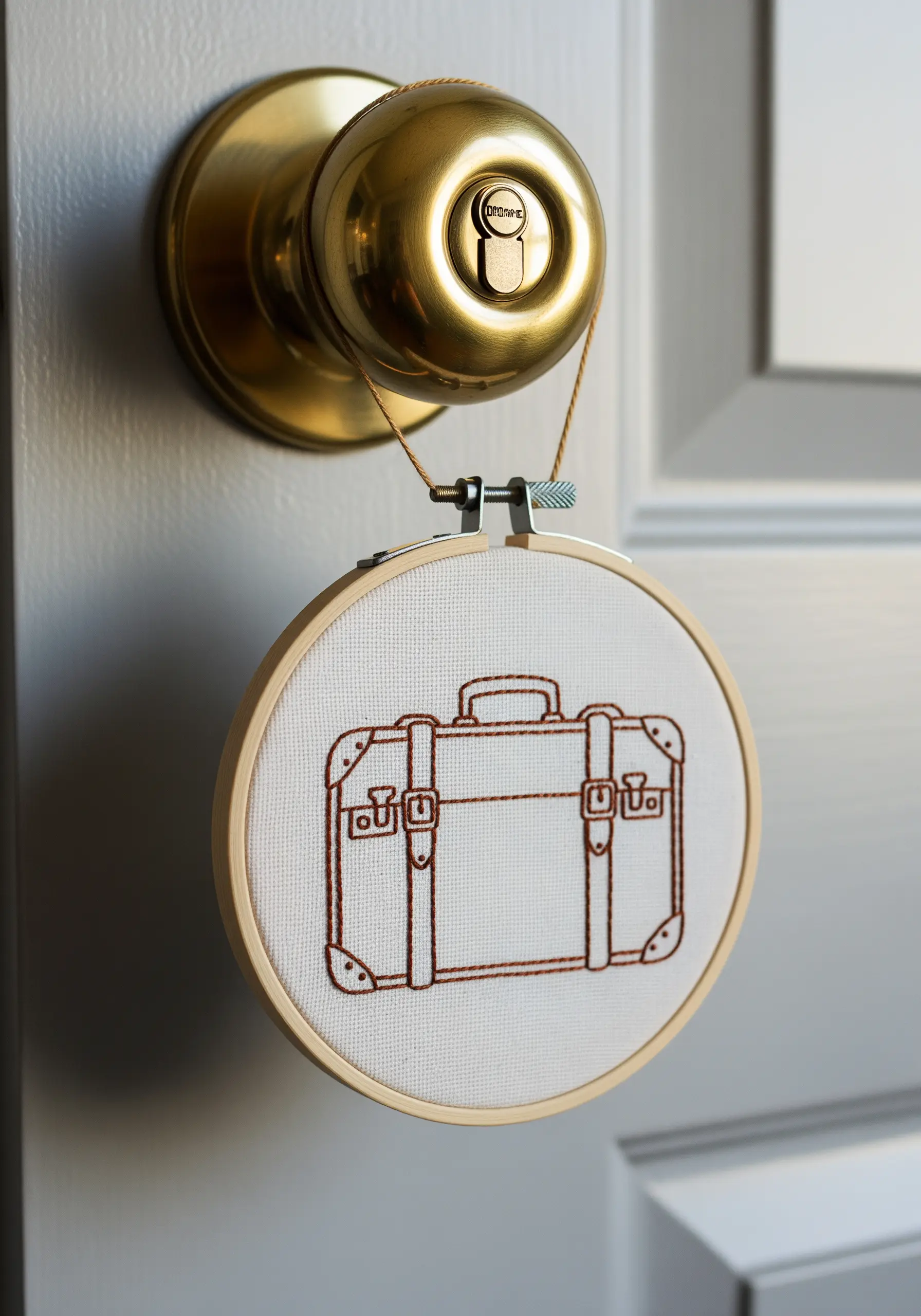 A line-art embroidery of a vintage suitcase with fine backstitch details.