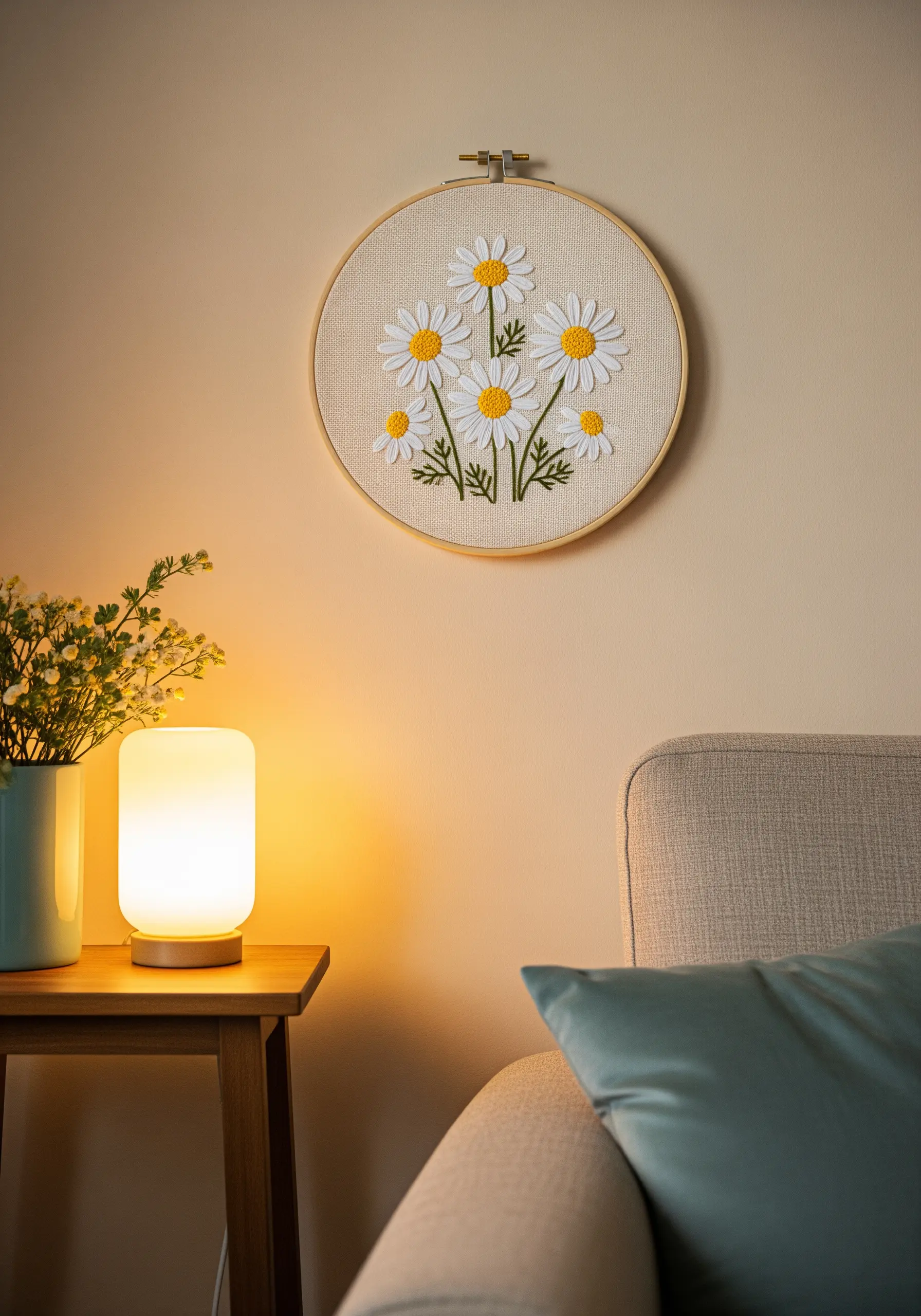 An embroidery hoop with a clean, simple bouquet of white daisies with yellow centers.