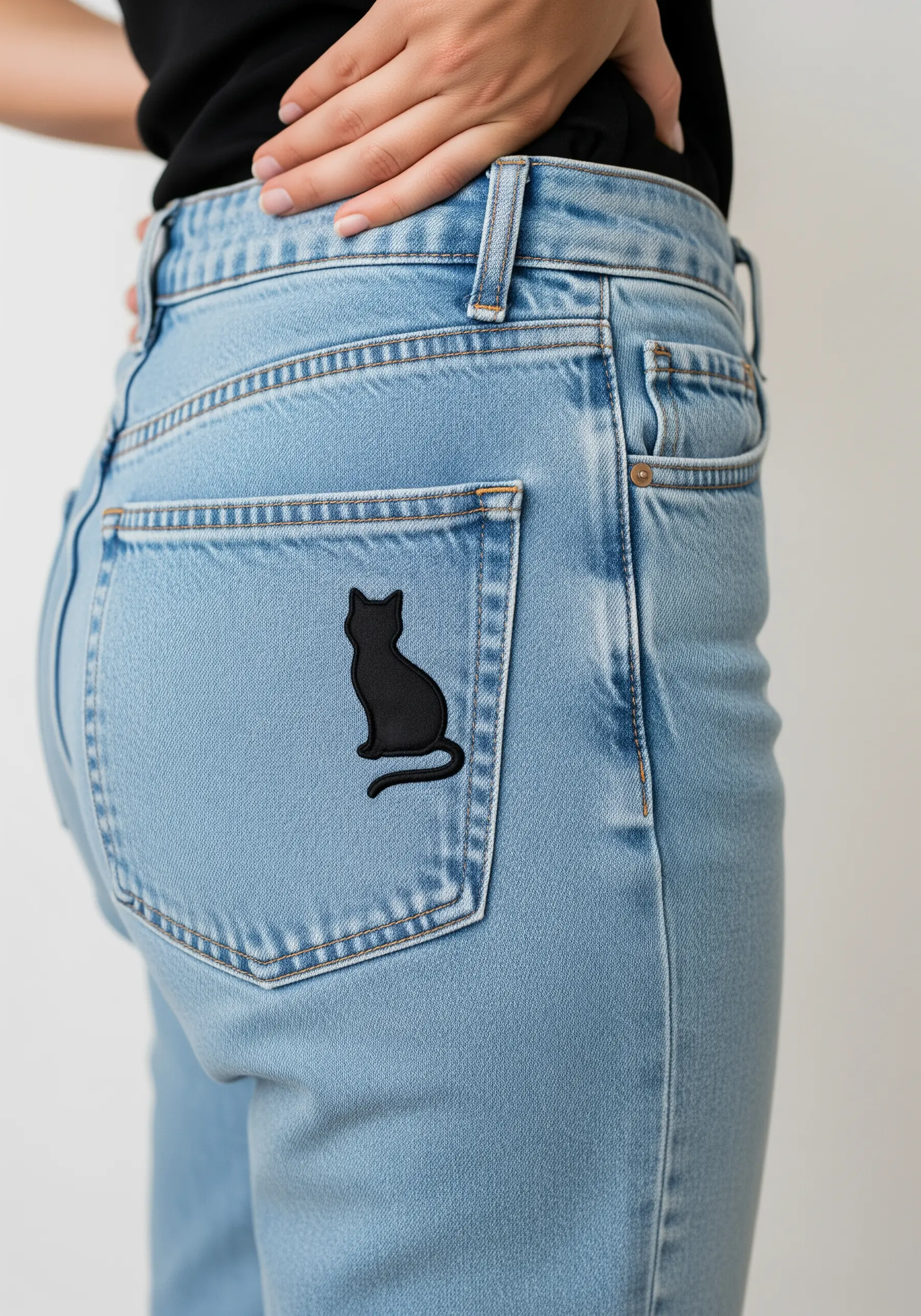 A solid black cat silhouette embroidered on the pocket of light-wash jeans.