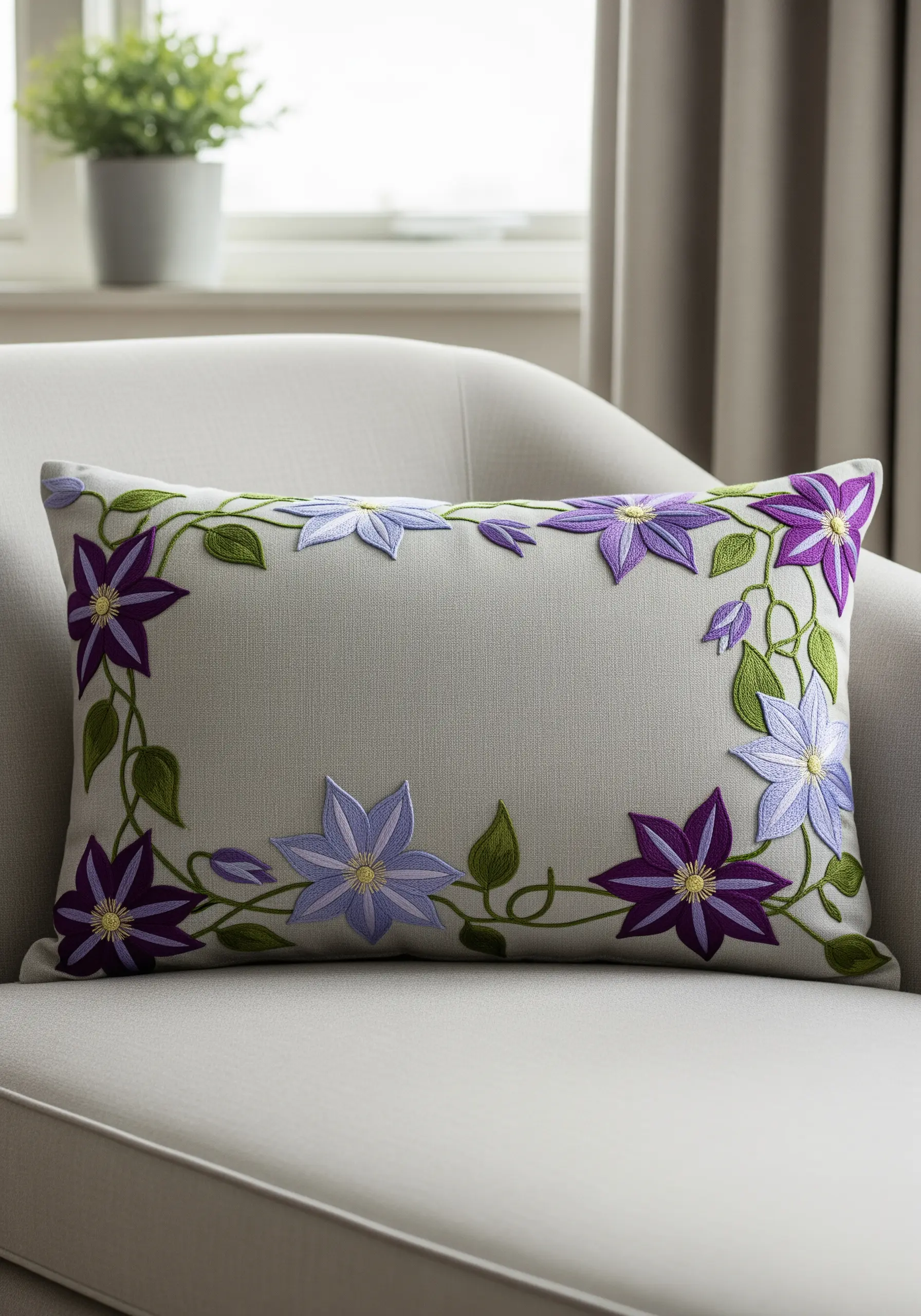 A rectangular border of purple and lavender clematis flowers on a grey cushion.