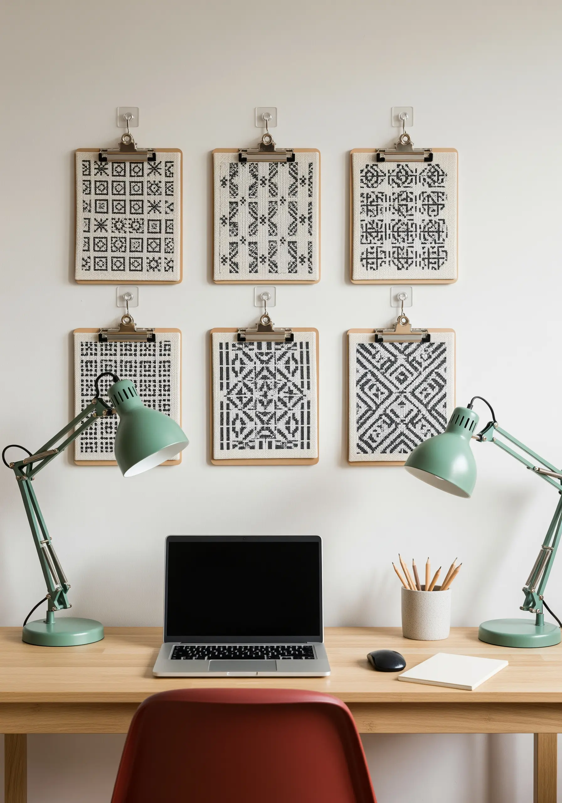 Six monochrome geometric embroidery pieces displayed on clipboards in a grid on a wall.