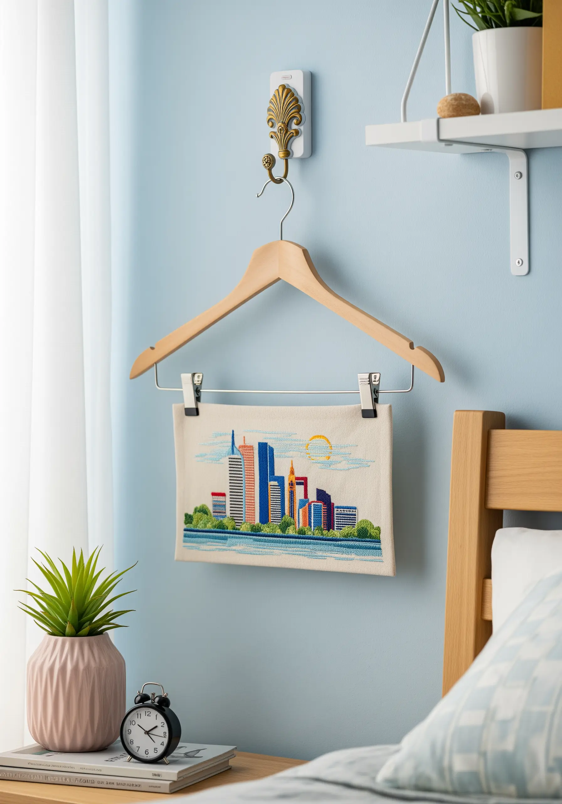 An embroidered cityscape on a fabric panel hung from a wooden pants hanger.