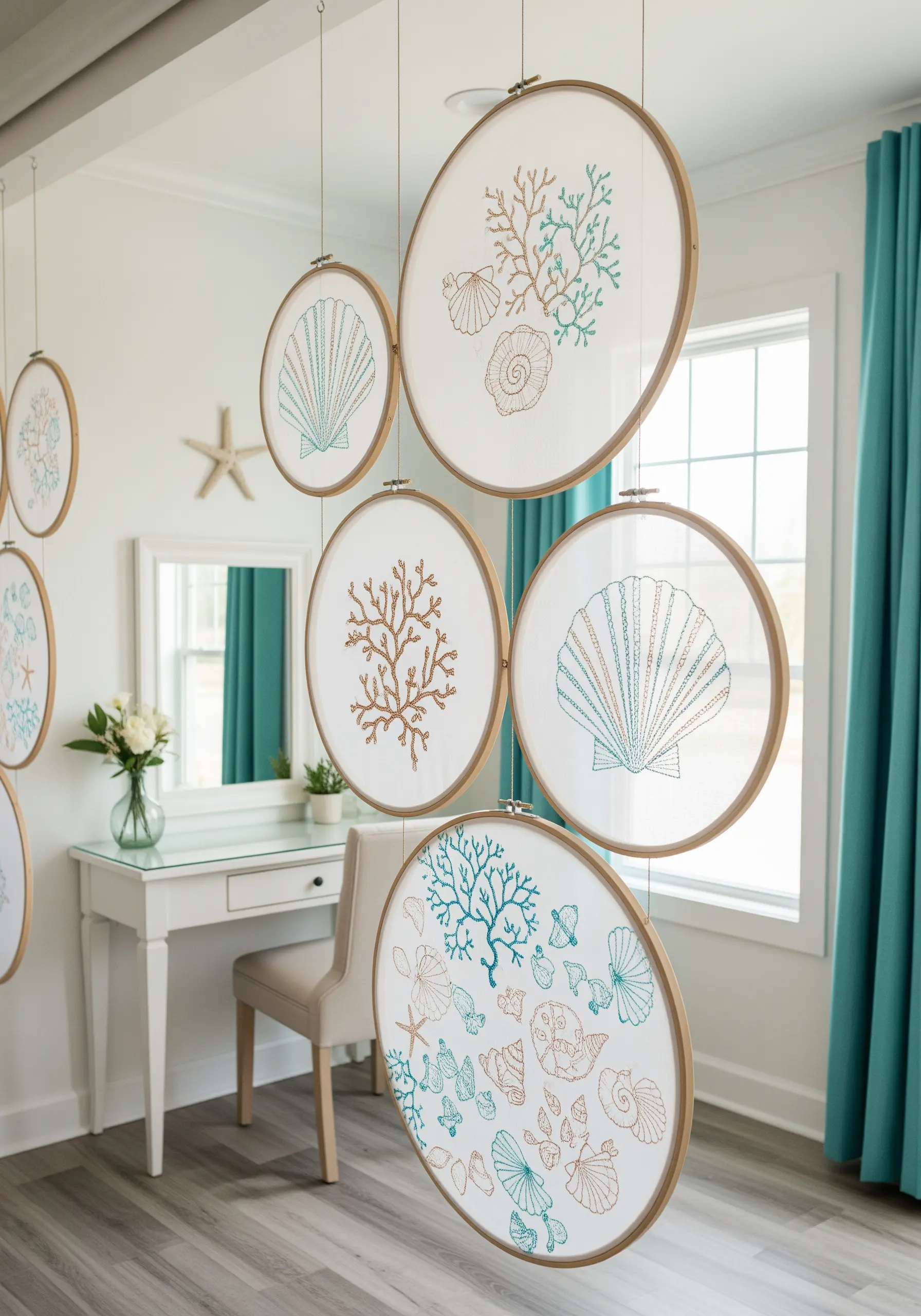 Delicate line art embroidery of seashells and coral in teal and sand-colored thread.