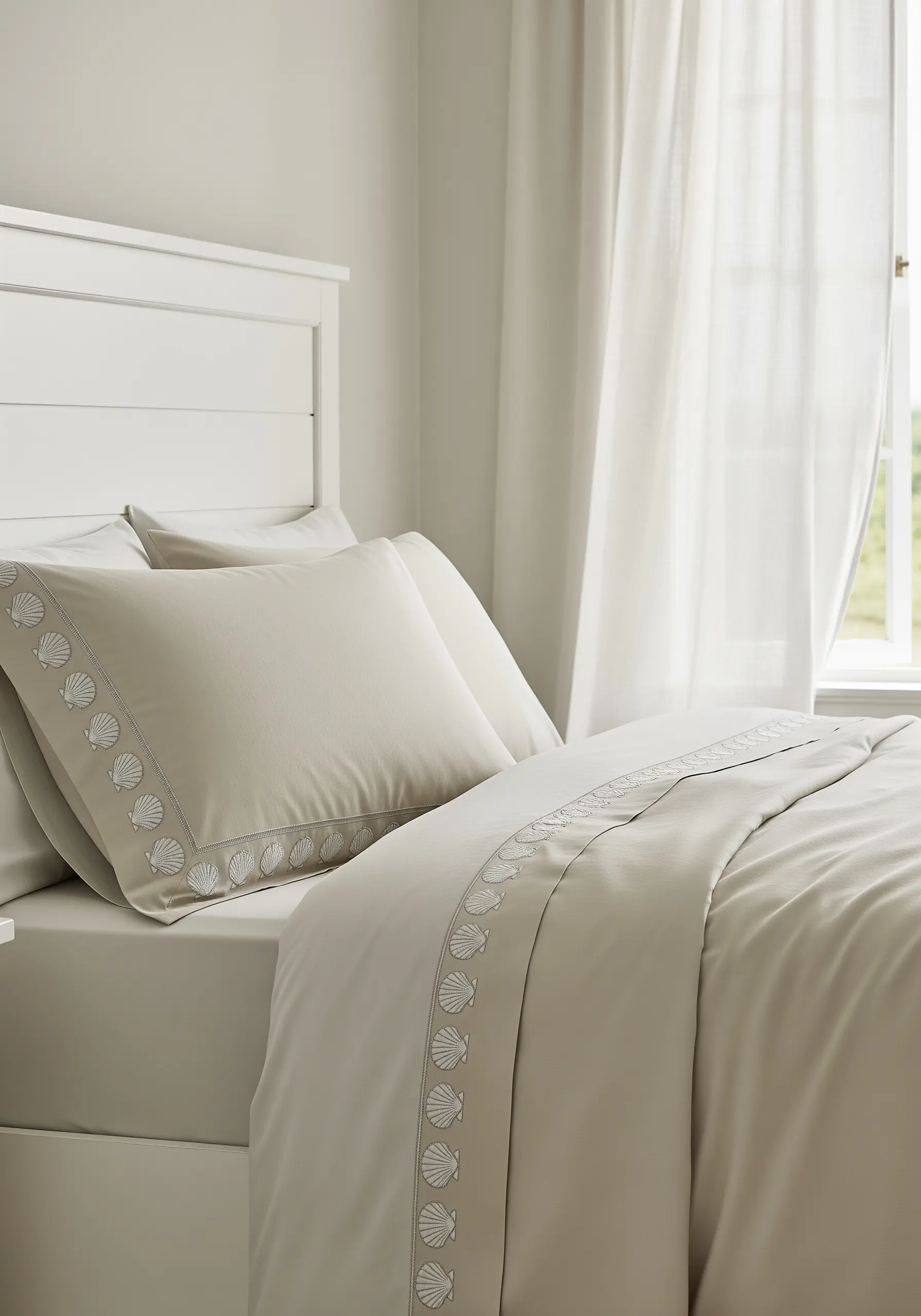 A simple, repeating seashell motif embroidered on an off-white pillowcase border.