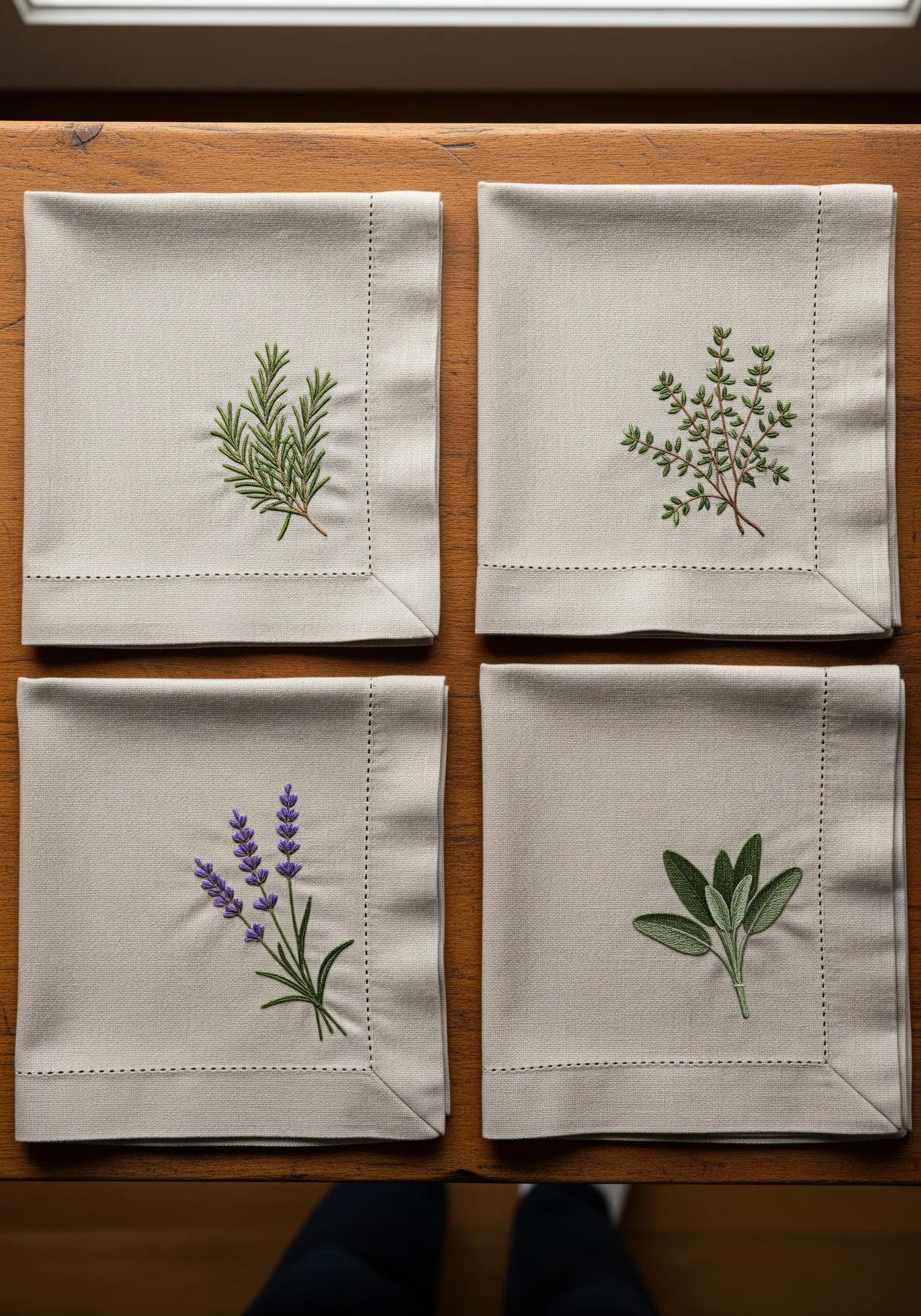 A set of four linen napkins, each embroidered with a different herb: rosemary, thyme, lavender, and sage.