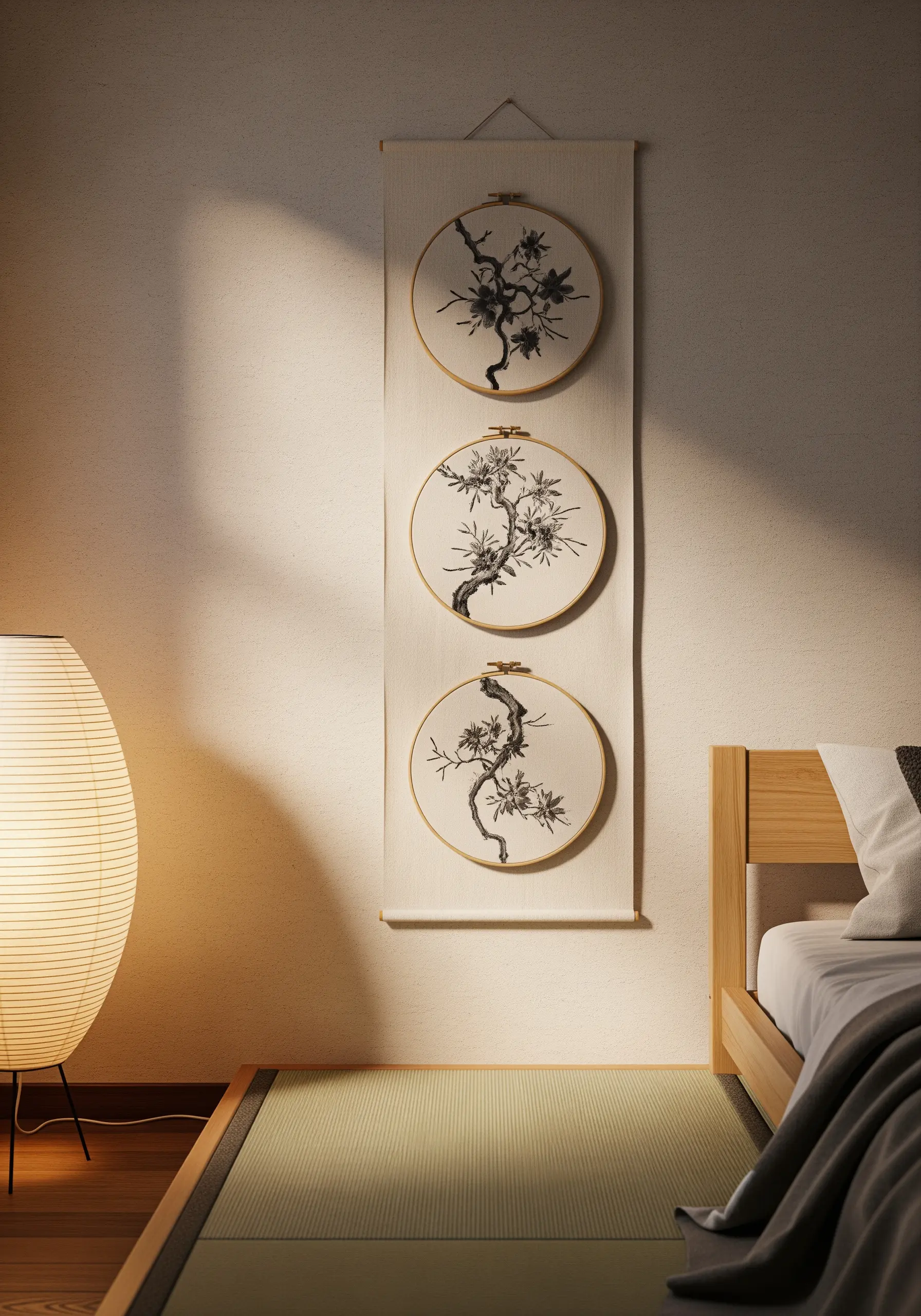 Three embroidery hoops with monochrome cherry blossom branches displayed vertically on a scroll.