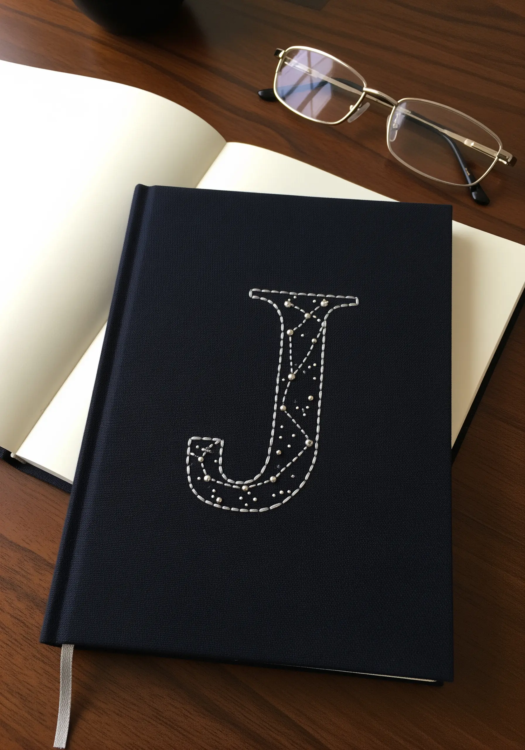 Backstitch 'J' monogram on a book, filled with tiny French knots like stars.