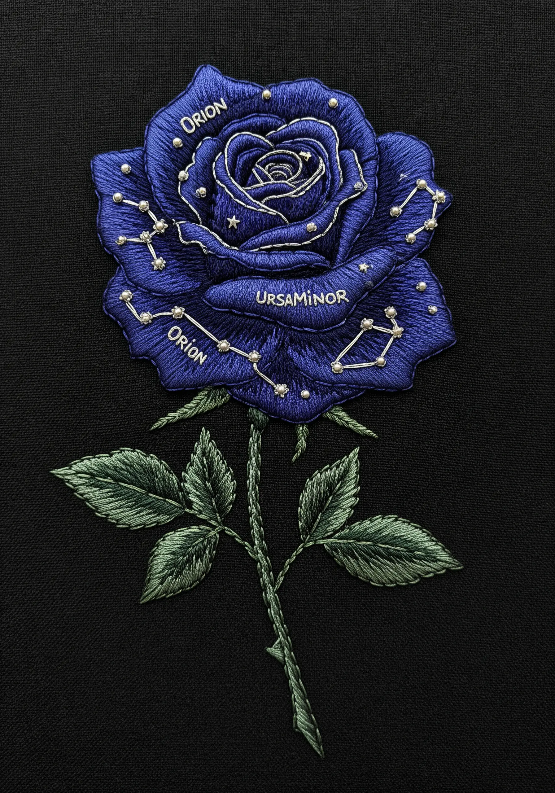 An embroidered deep blue rose on black fabric, with constellations stitched on its petals.
