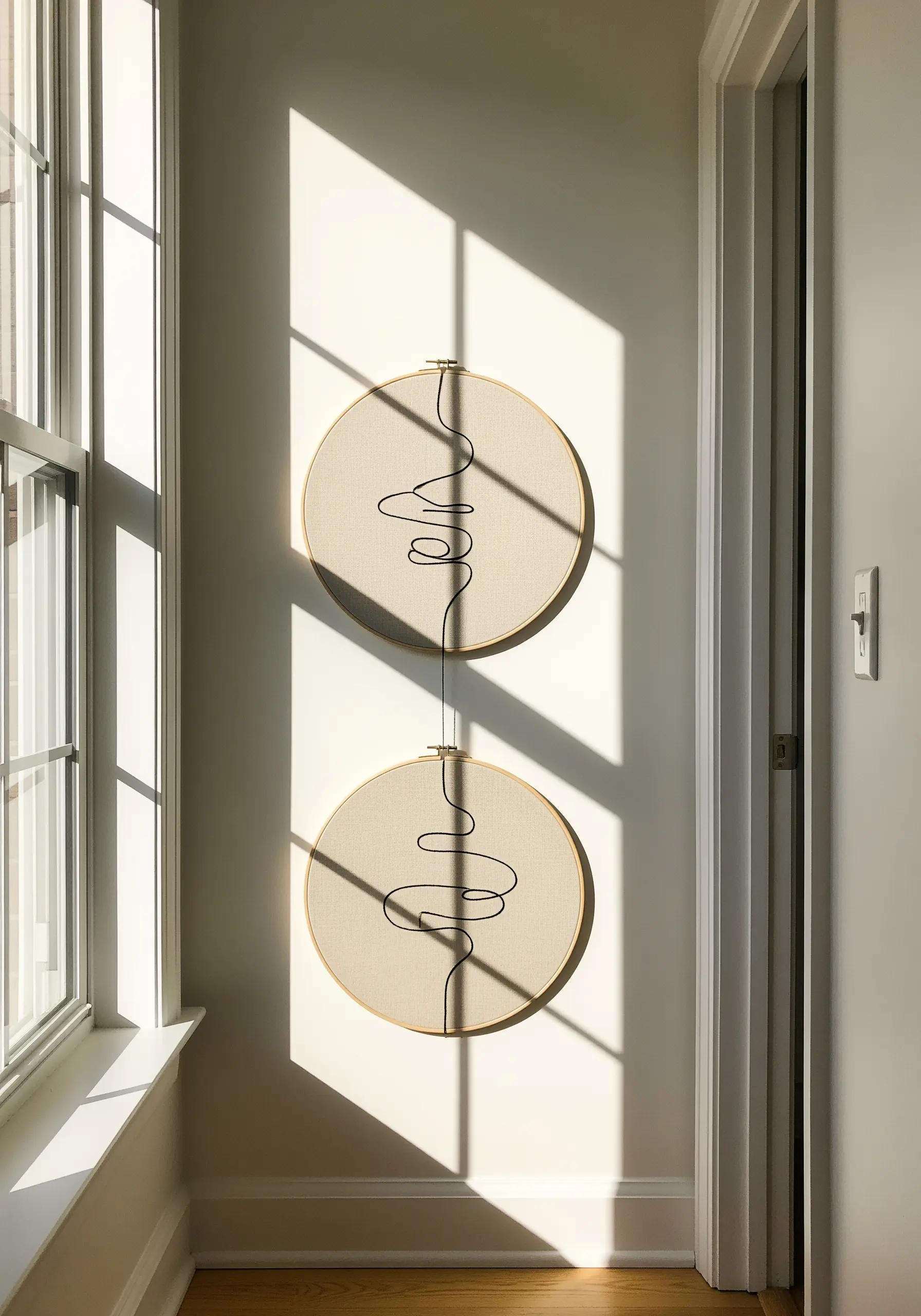Two embroidery hoops hung vertically, connected by a single, continuous abstract black line.