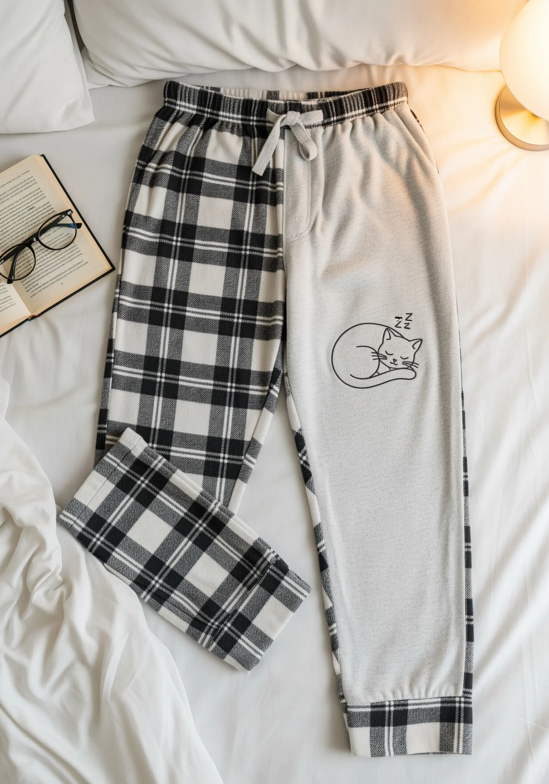 A sleeping cat embroidered in a single black line on a pair of light-colored pajama pants.