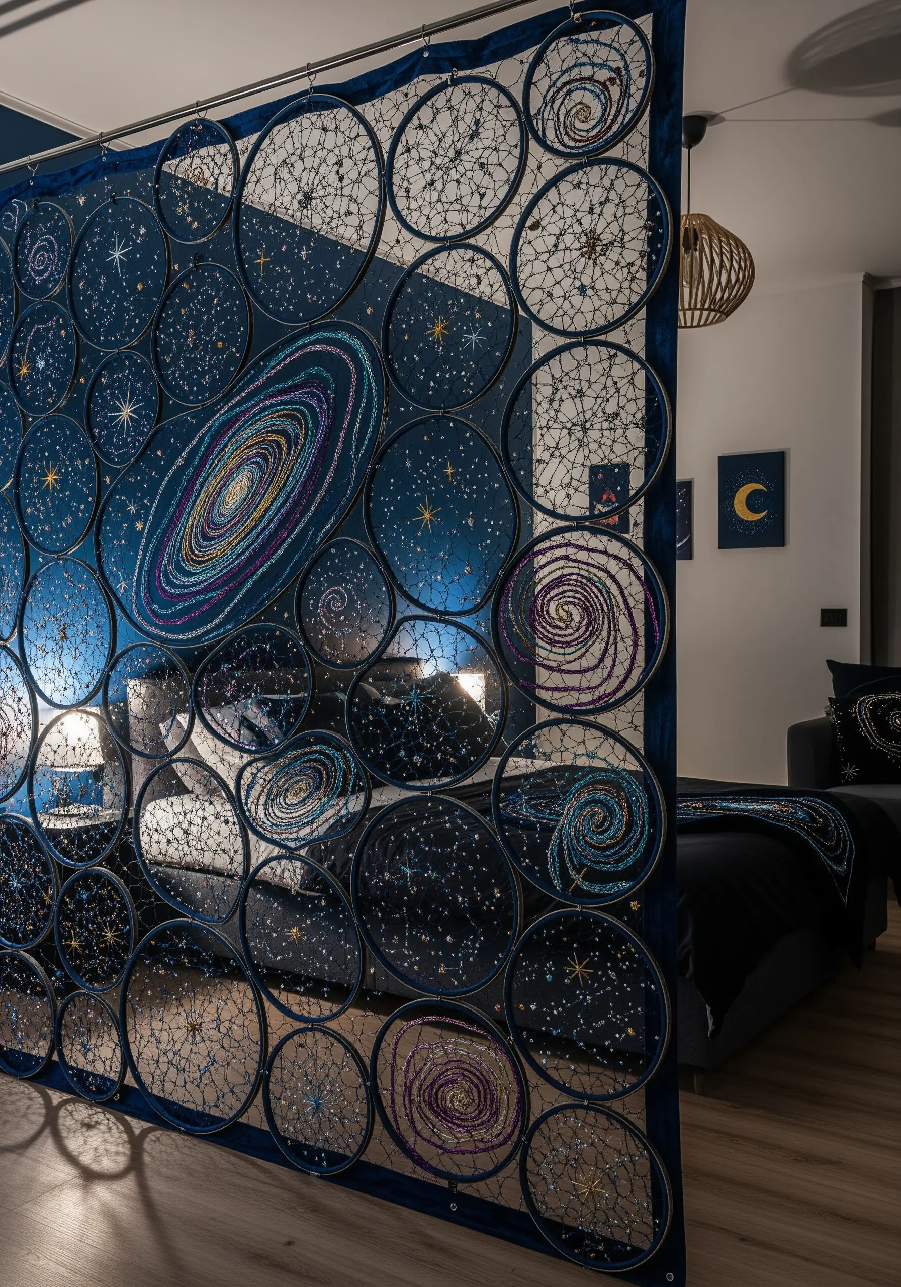 A room divider with embroidered galaxies and thread-woven dreamcatcher-style starbursts.