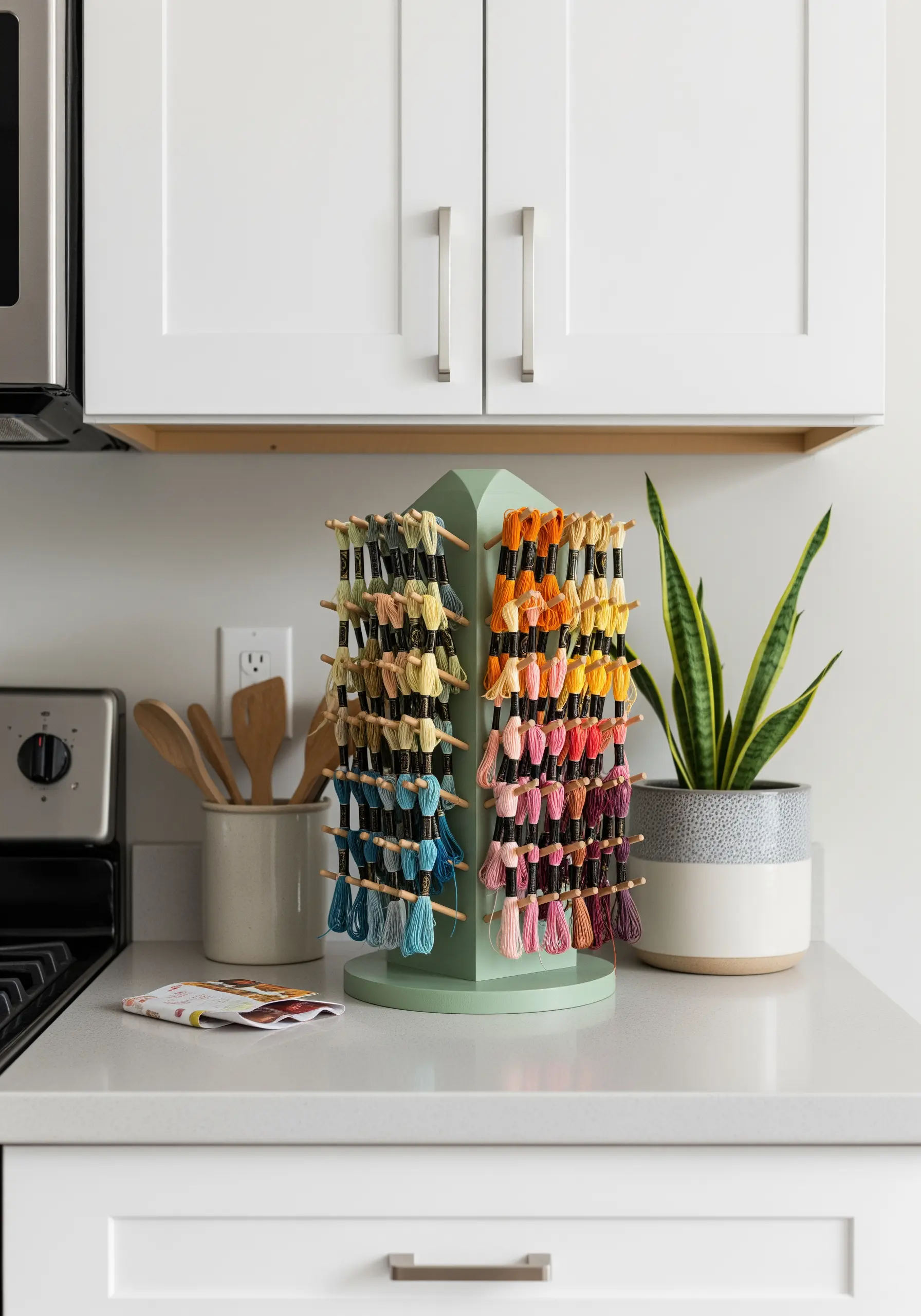 A rotating wooden stand on a kitchen counter holding skeins of embroidery floss.