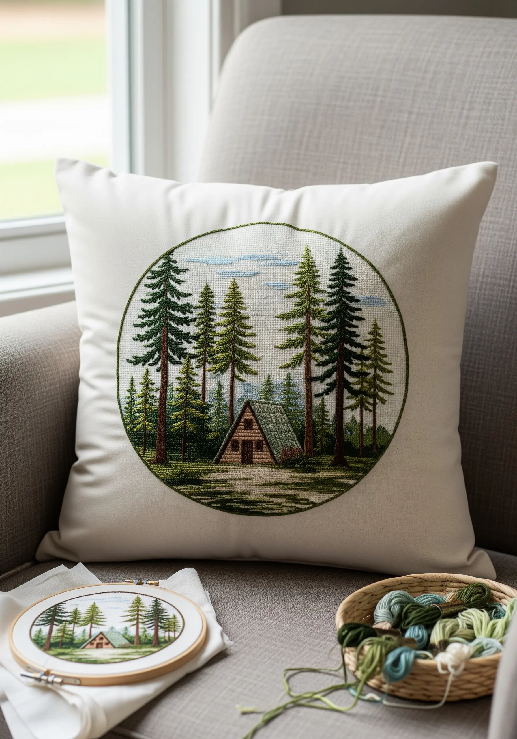 An embroidered pillow with a circular design featuring a cabin in a pine forest.