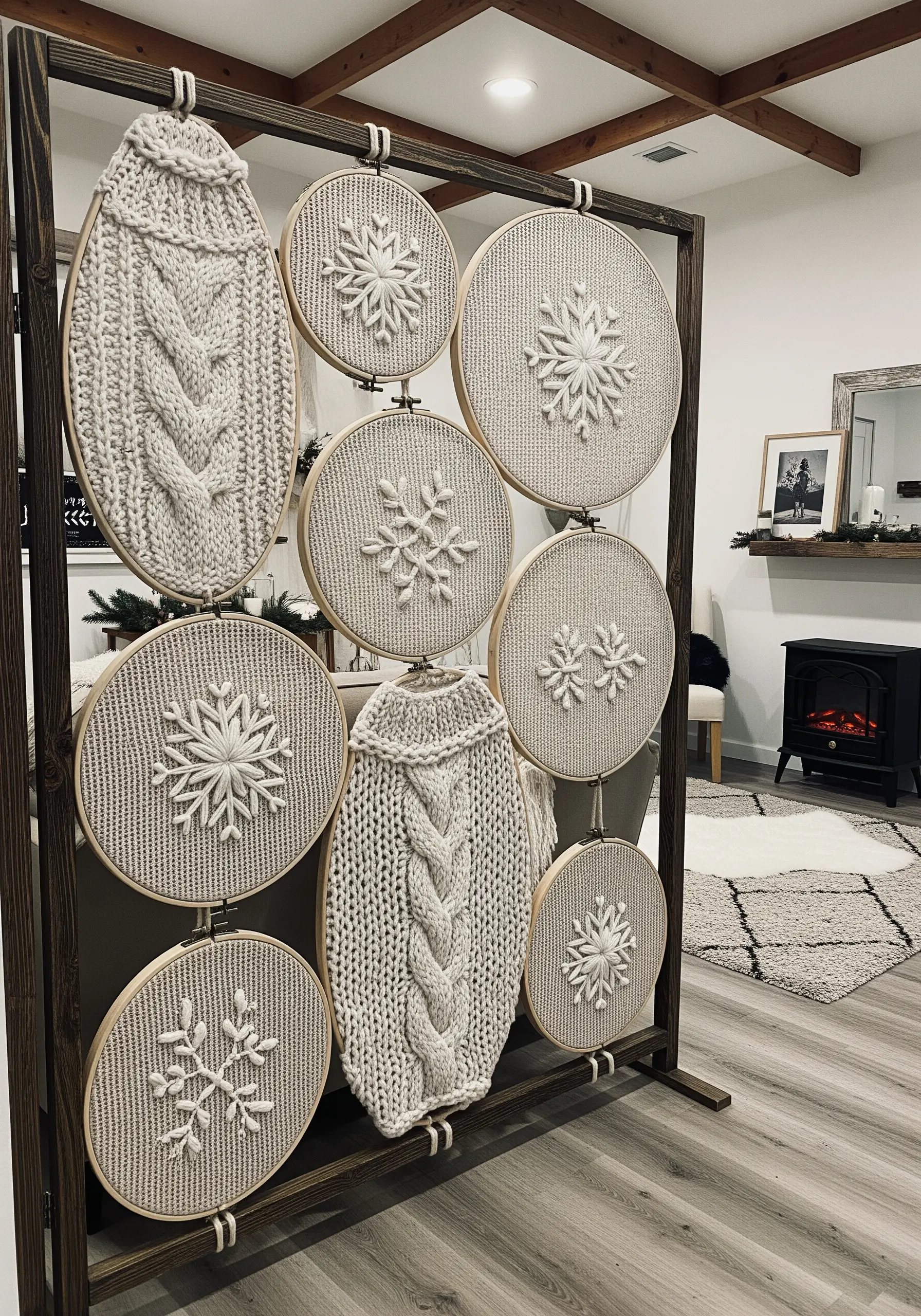 A room divider with hoops featuring embroidered snowflakes and actual cable-knit textures.