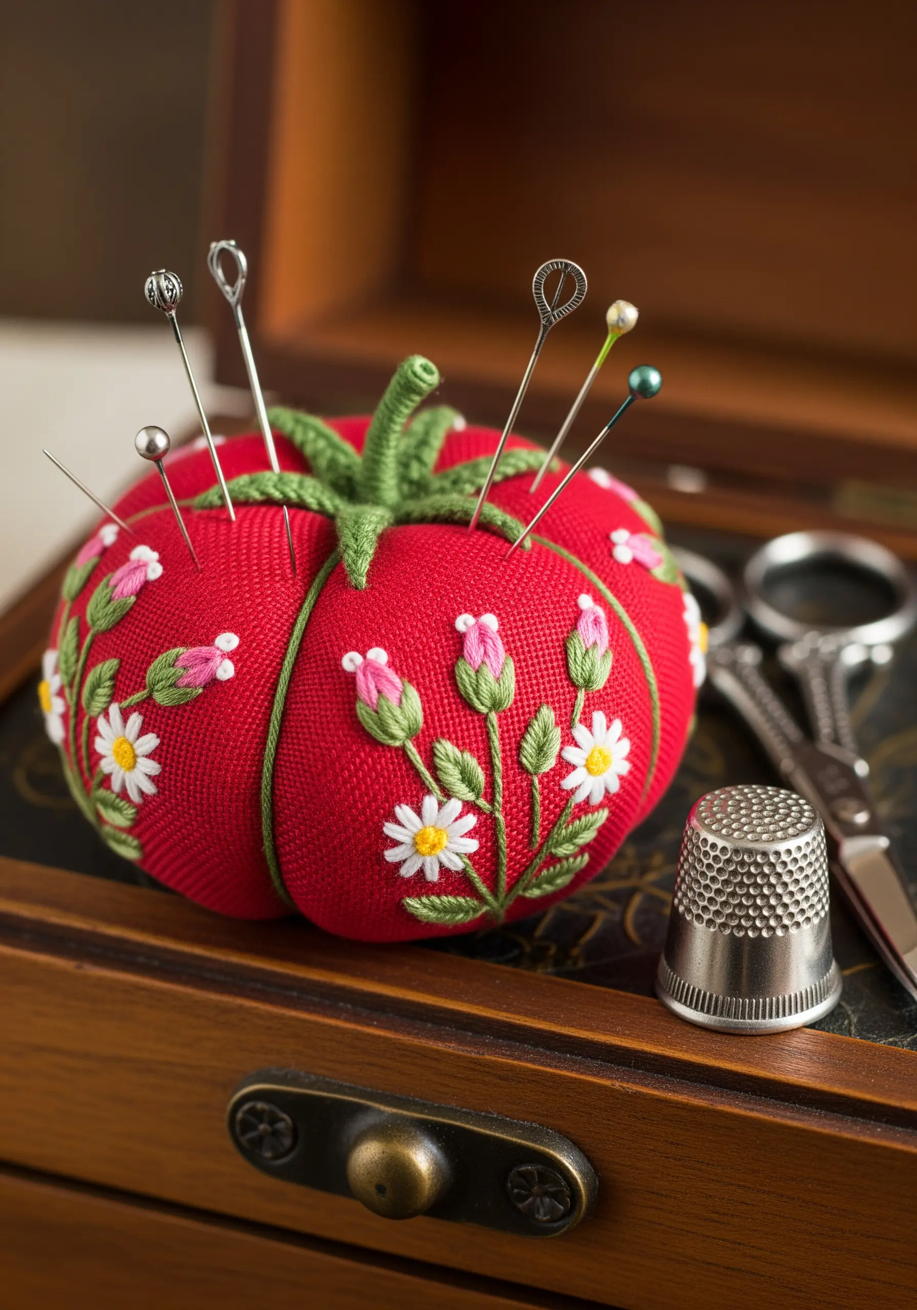 A classic red tomato pincushion embellished with tiny embroidered flowers and decorative pins.