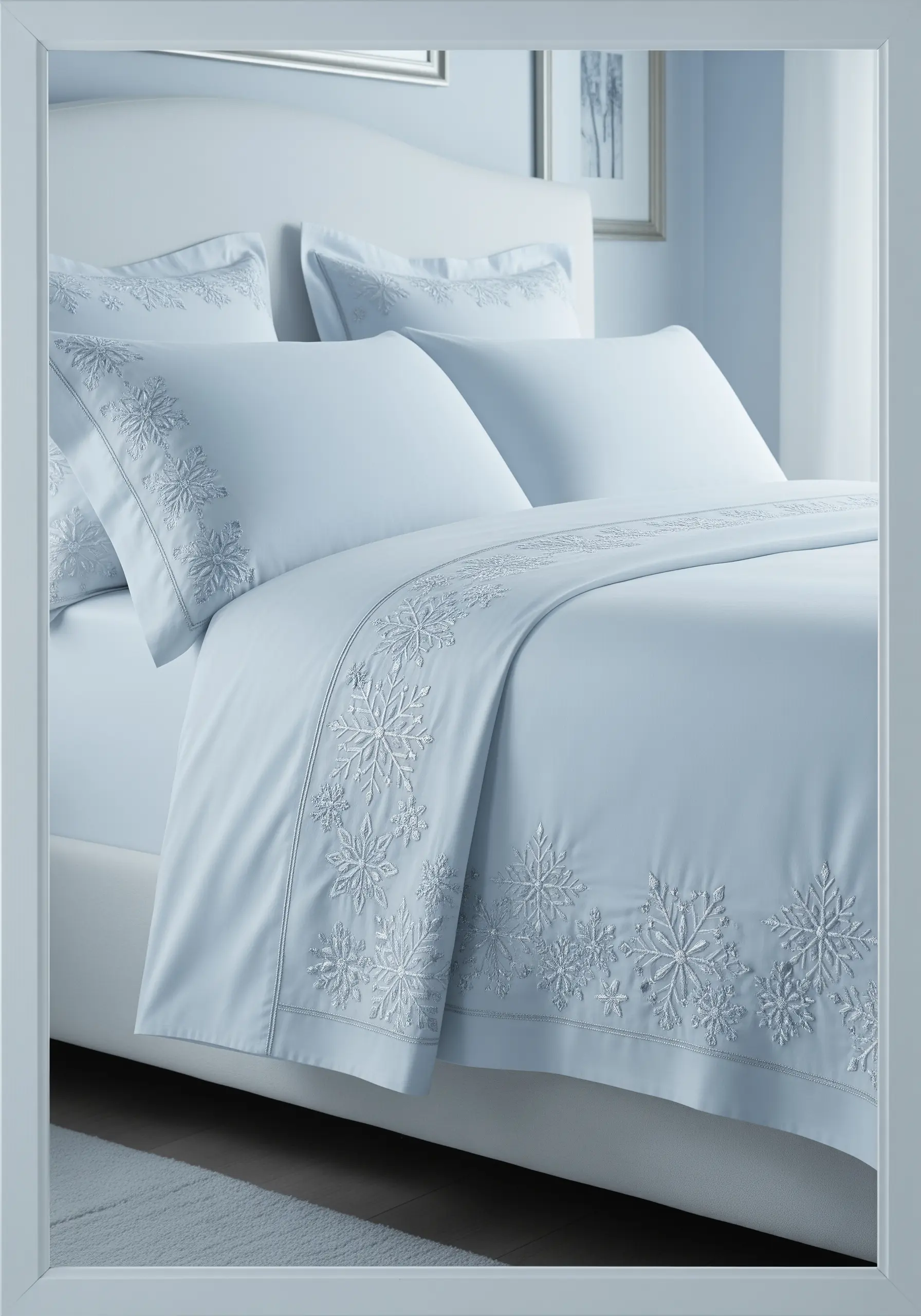 An intricate border of embroidered snowflakes in silver thread on pale blue bedsheets.