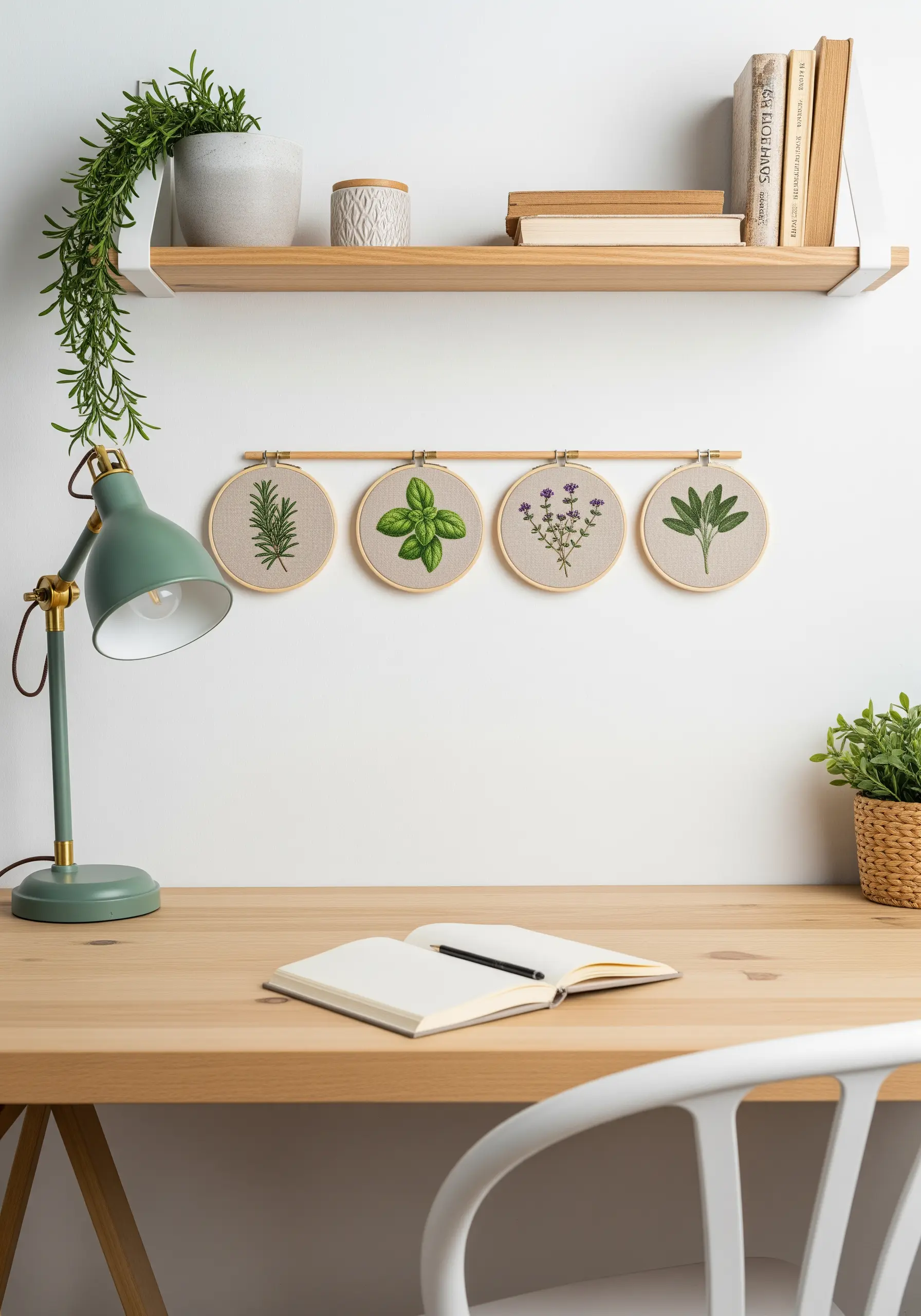 Four small embroidery hoops, each featuring a different stitched herb like basil or rosemary.