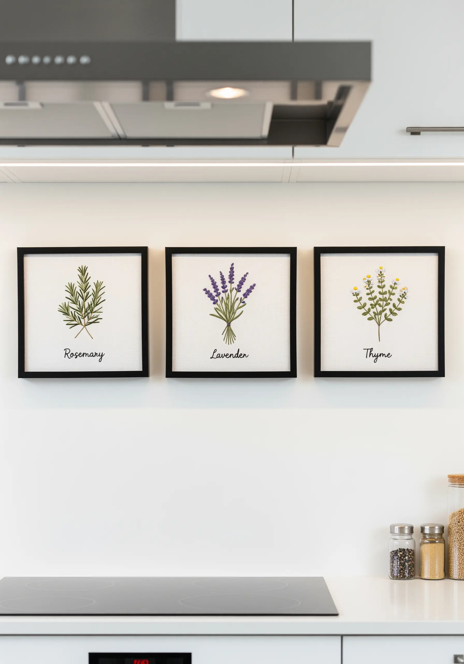 Three framed embroideries of rosemary, lavender, and thyme for kitchen wall art.