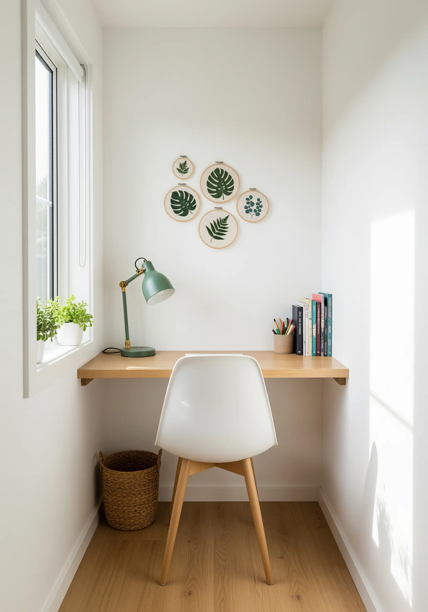 A collection of small embroidery hoops featuring different green botanical leaf designs.