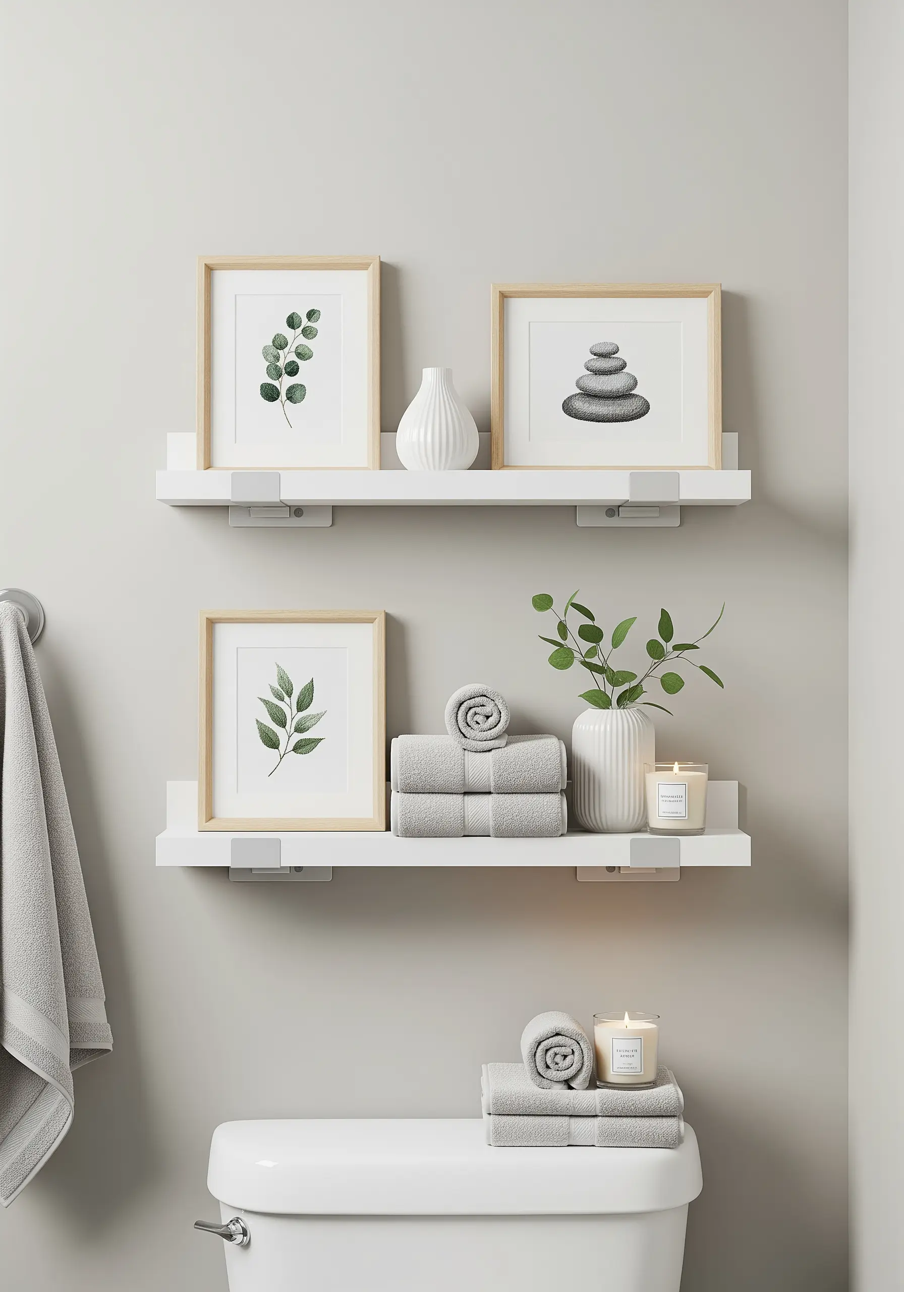 Three pieces of framed leaf embroidery displayed on floating shelves in a bathroom.