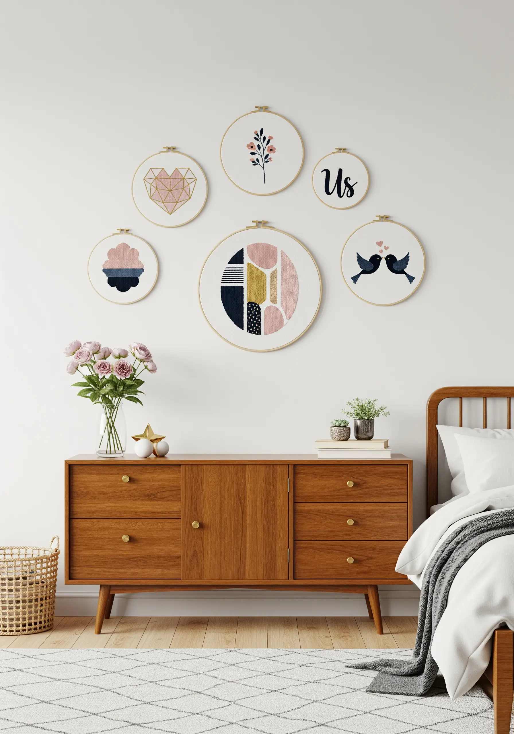 A gallery wall of six small and large embroidery hoops with geometric and romantic motifs.