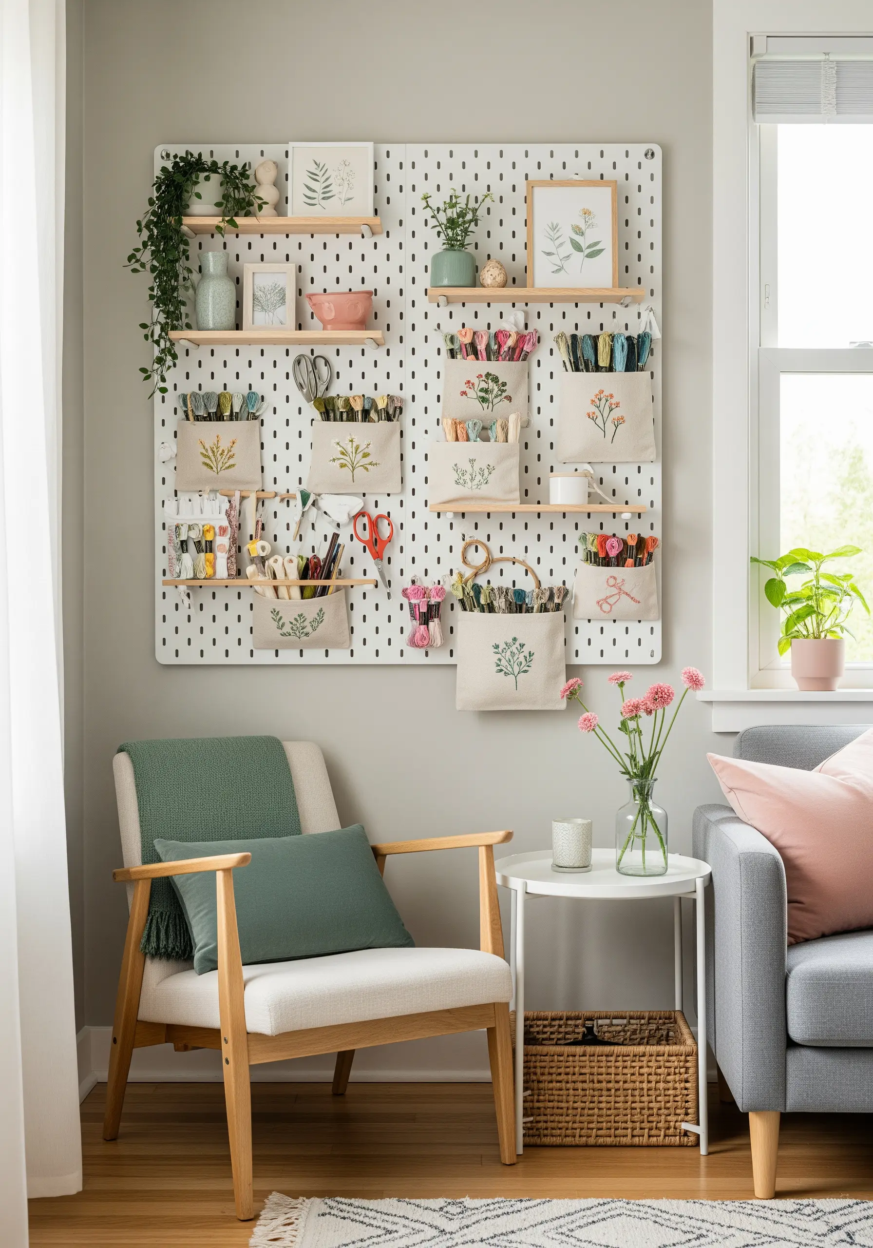 A pegboard wall organizer with custom embroidered canvas pouches for craft supplies.