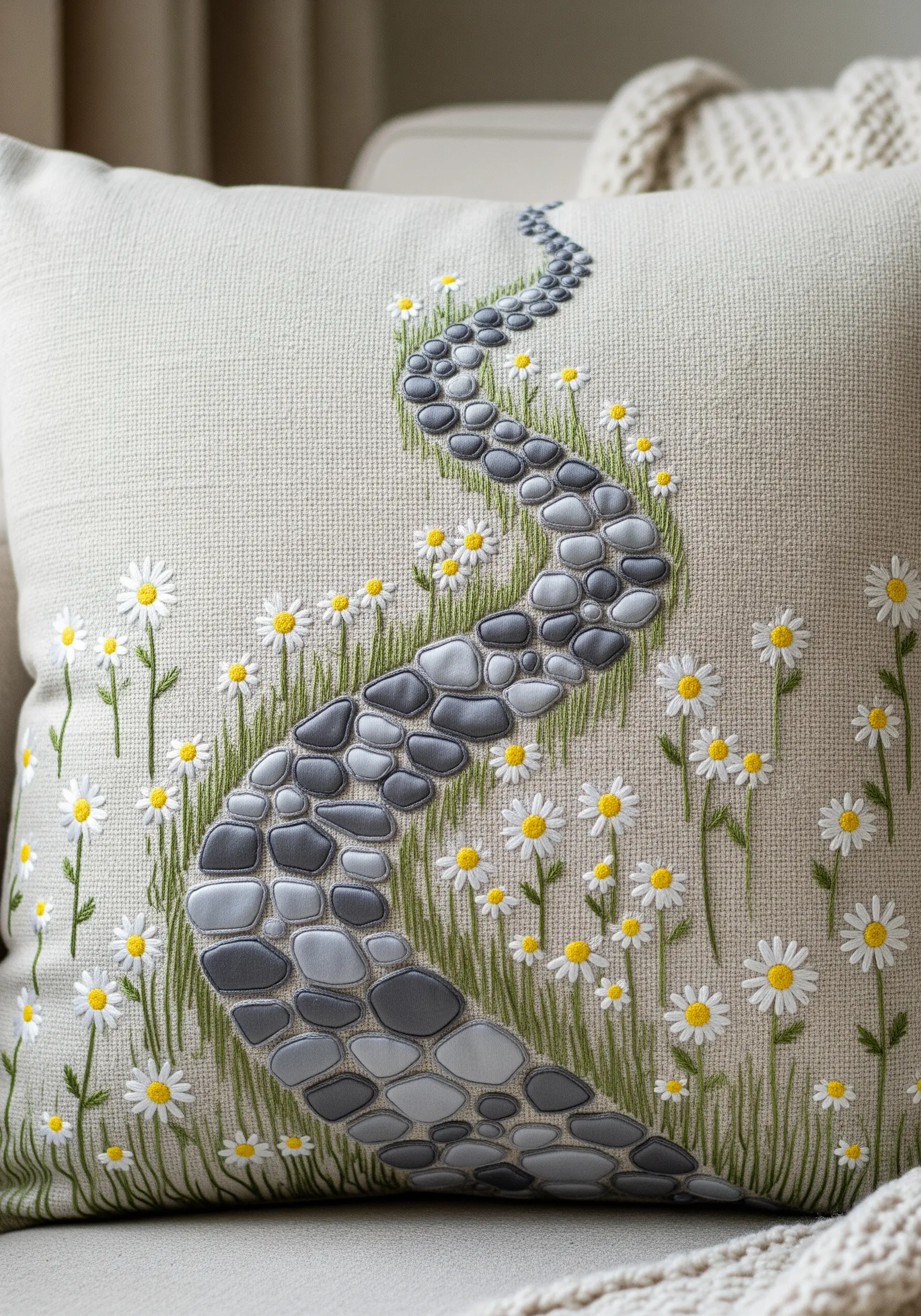 A winding cobblestone path made of padded satin stitch, lined with embroidered daisies.