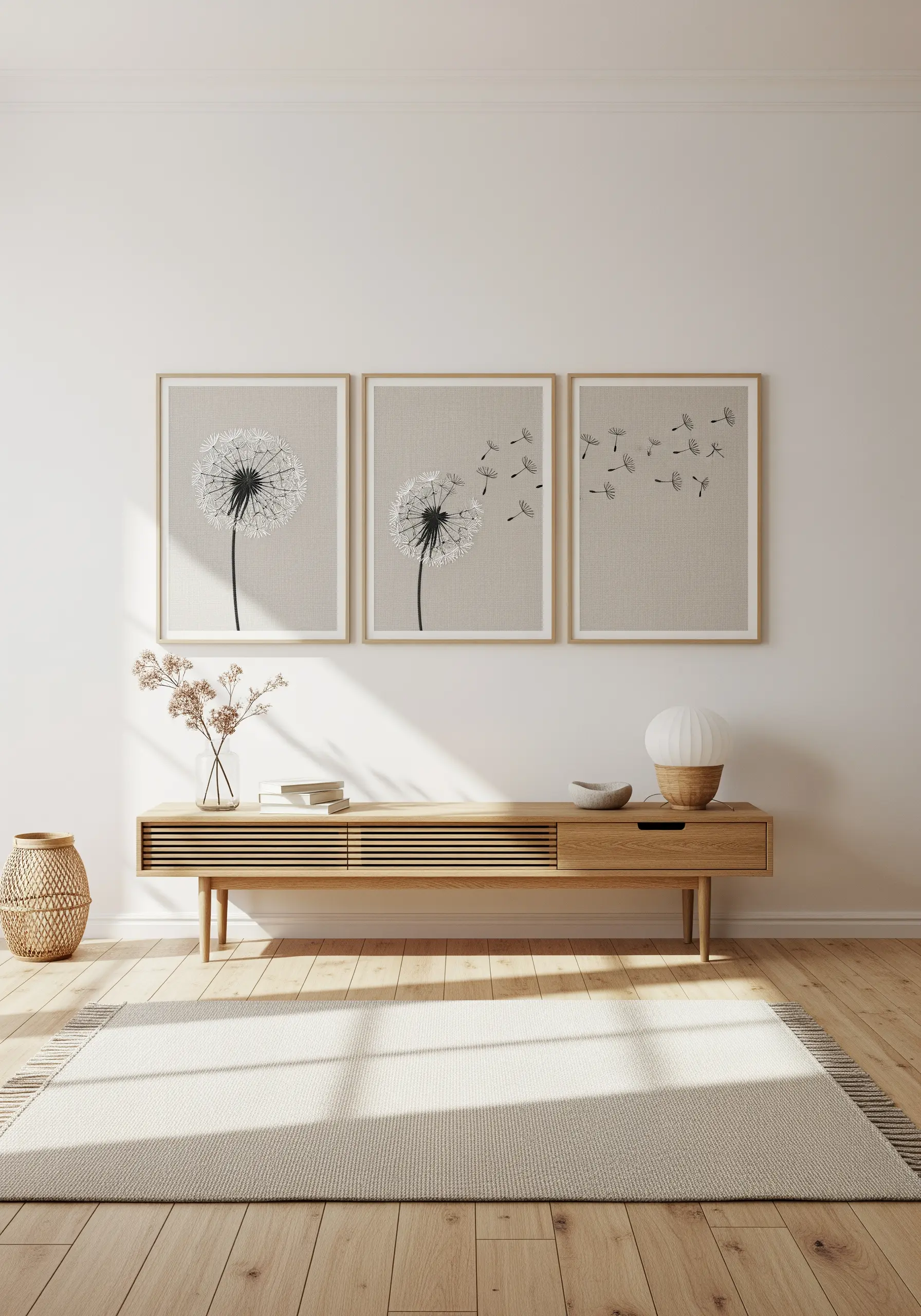 A triptych of framed embroidery showing a dandelion losing its seeds across the three panels.