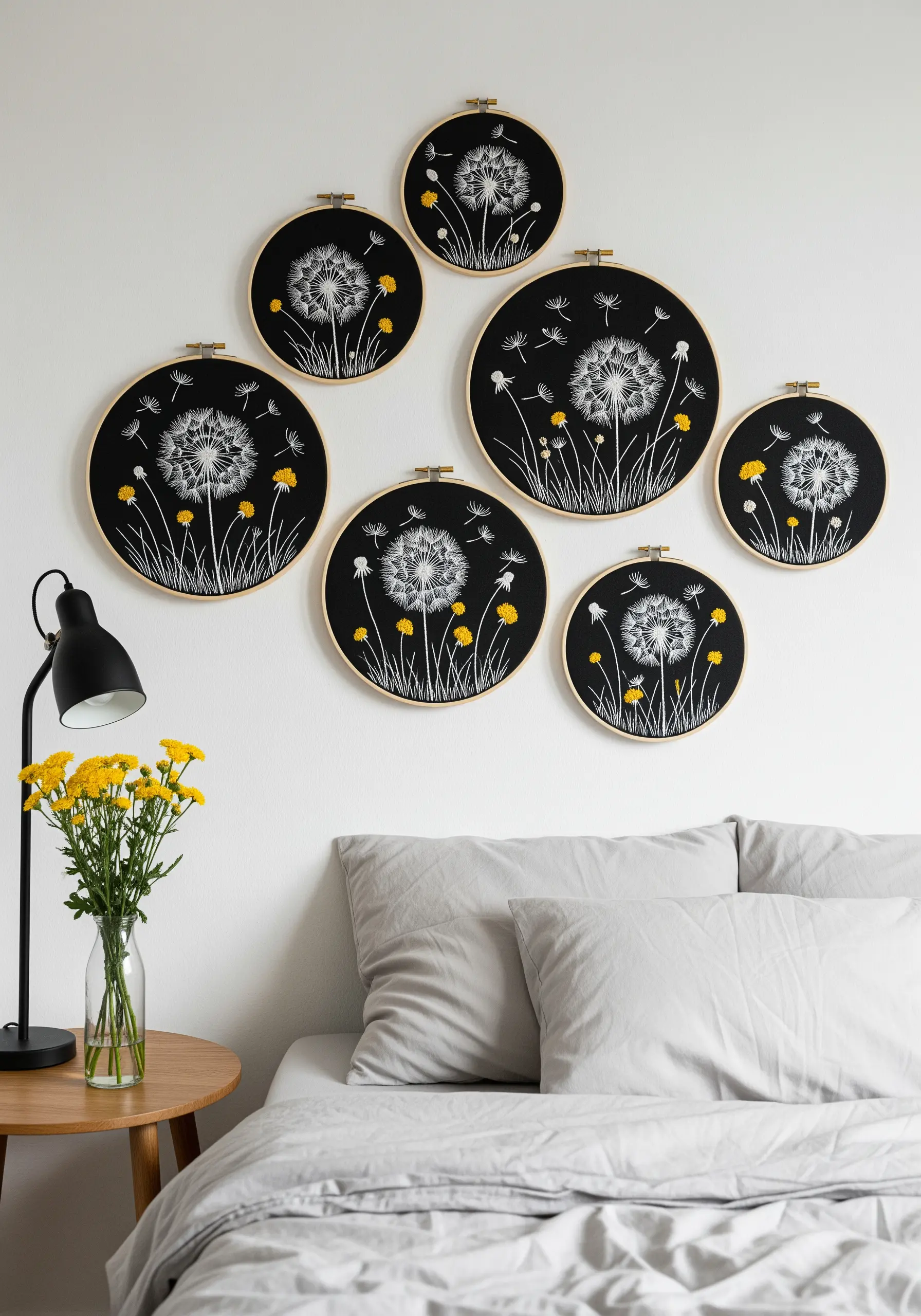 A collection of embroidery hoops on a black background showing dandelion clocks and seeds.