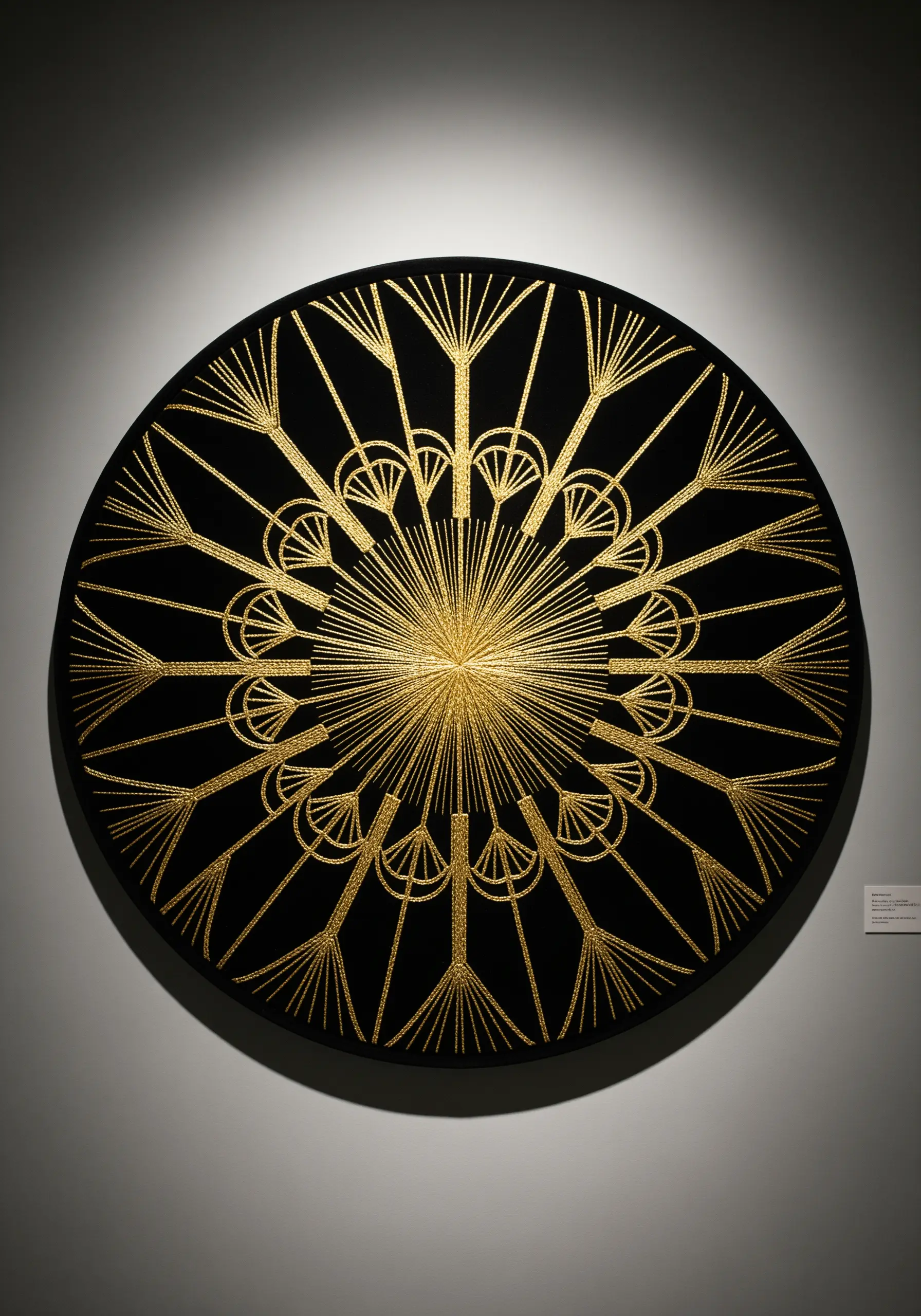 A large Art Deco-style gold sunburst mandala embroidered on black fabric.