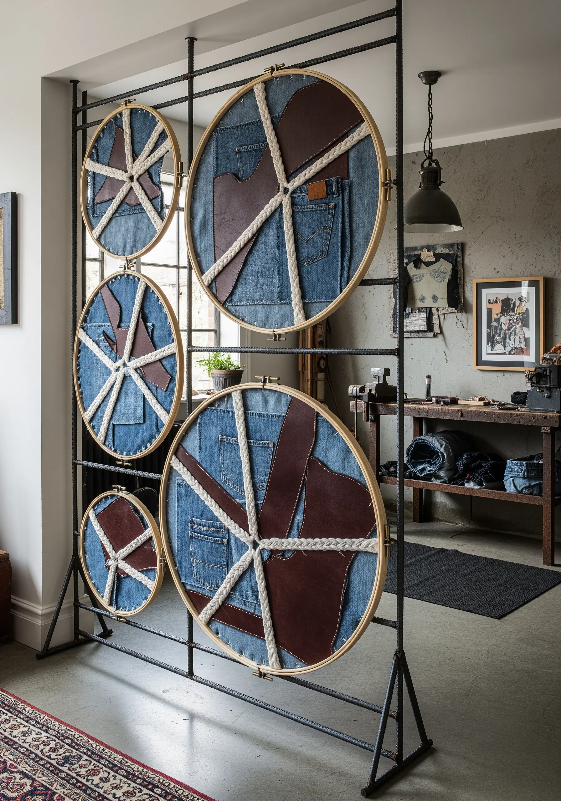 A room divider made from hoops filled with deconstructed denim, leather, and rope.